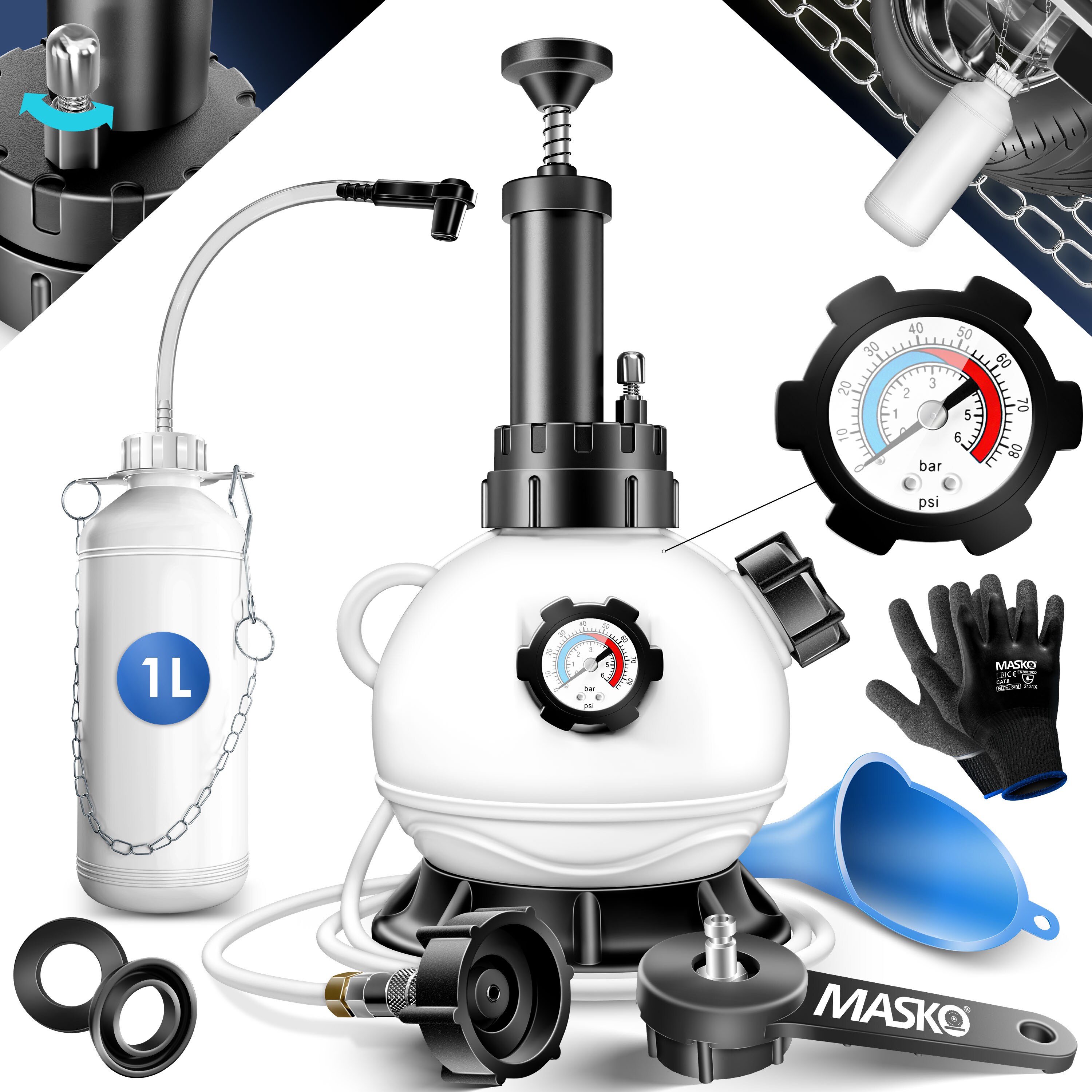 MASKO&reg; Bremsenentl&uuml;ftungsger&auml;t Auto Bremsentl&uuml;fter KFZ Bremsfl&uuml;ssigkeits-Wechselger&auml;t 3L f&uuml;r Scheibenbremsen & Trommelbremsen mit Handpumpe & 1L Absaugbeh&auml;lter f&uuml;r E20, Adapter, Schlauch & Zubeh&ouml;r - Bild 1