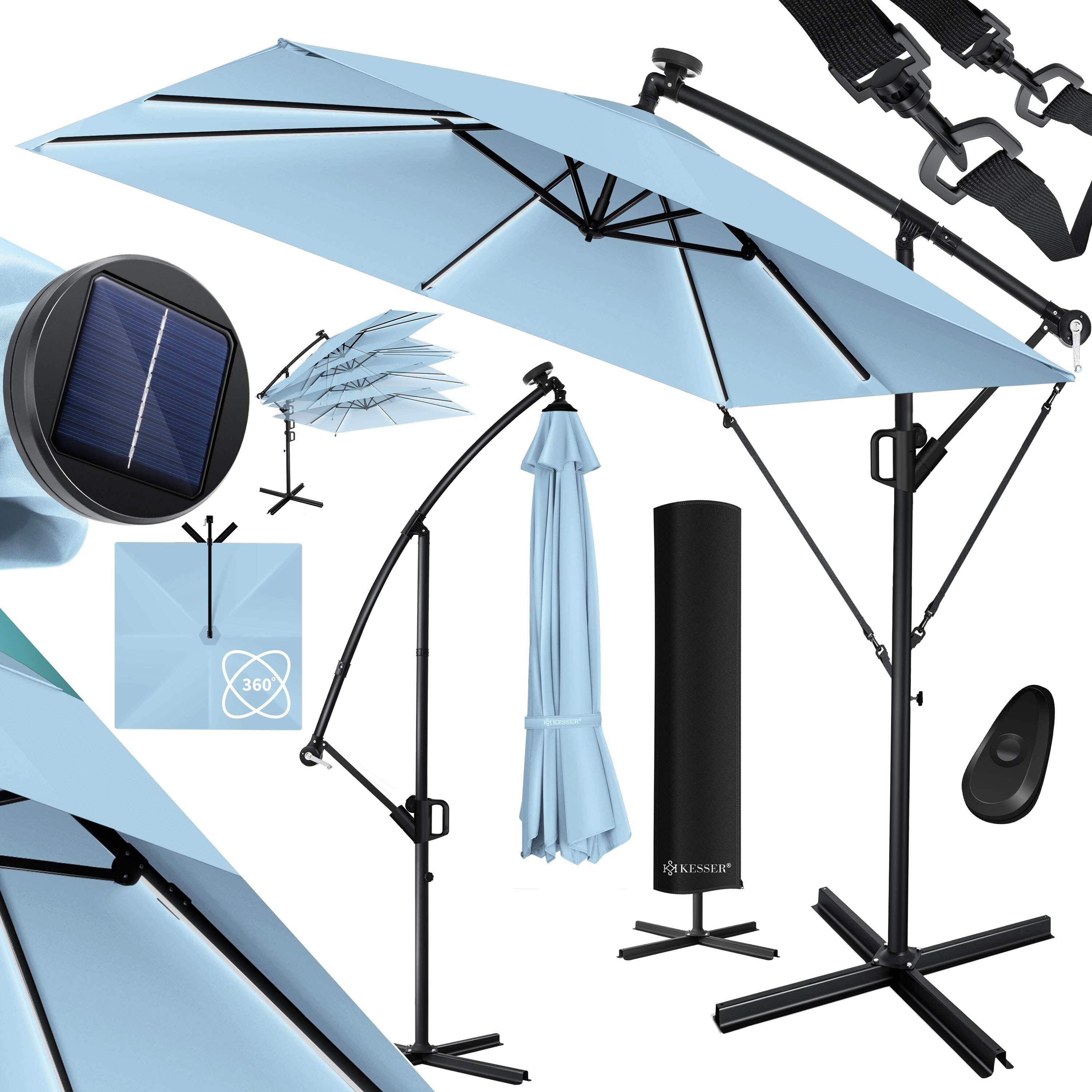 KESSER&reg; Ampelschirm Holly Sonnenschirm Rechteckig mit und ohne LED Solar inkl. Abdeckung + Windsicherung mit Kurbel | Kurbel-Schirm mit St&auml;nder UV-Schutz Aluminium Wasserabweisend &Oslash;350cm Gartenschirm - Bild 1