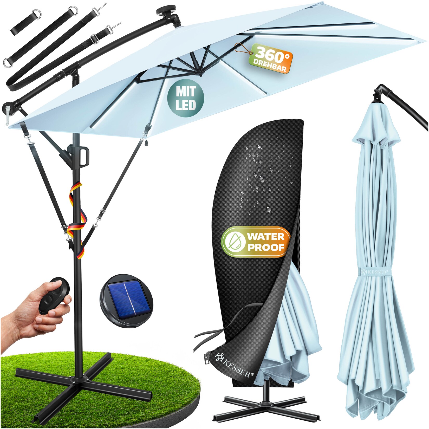 KESSER® Ampelschirm Holly Sonnenschirm Rechteckig mit und ohne LED Solar inkl. Abdeckung + Windsicherung mit Kurbel Kurbel-Schirm mit Ständer UV-Schutz Aluminium Wasserabweisend Ø350cm Gartenschirm