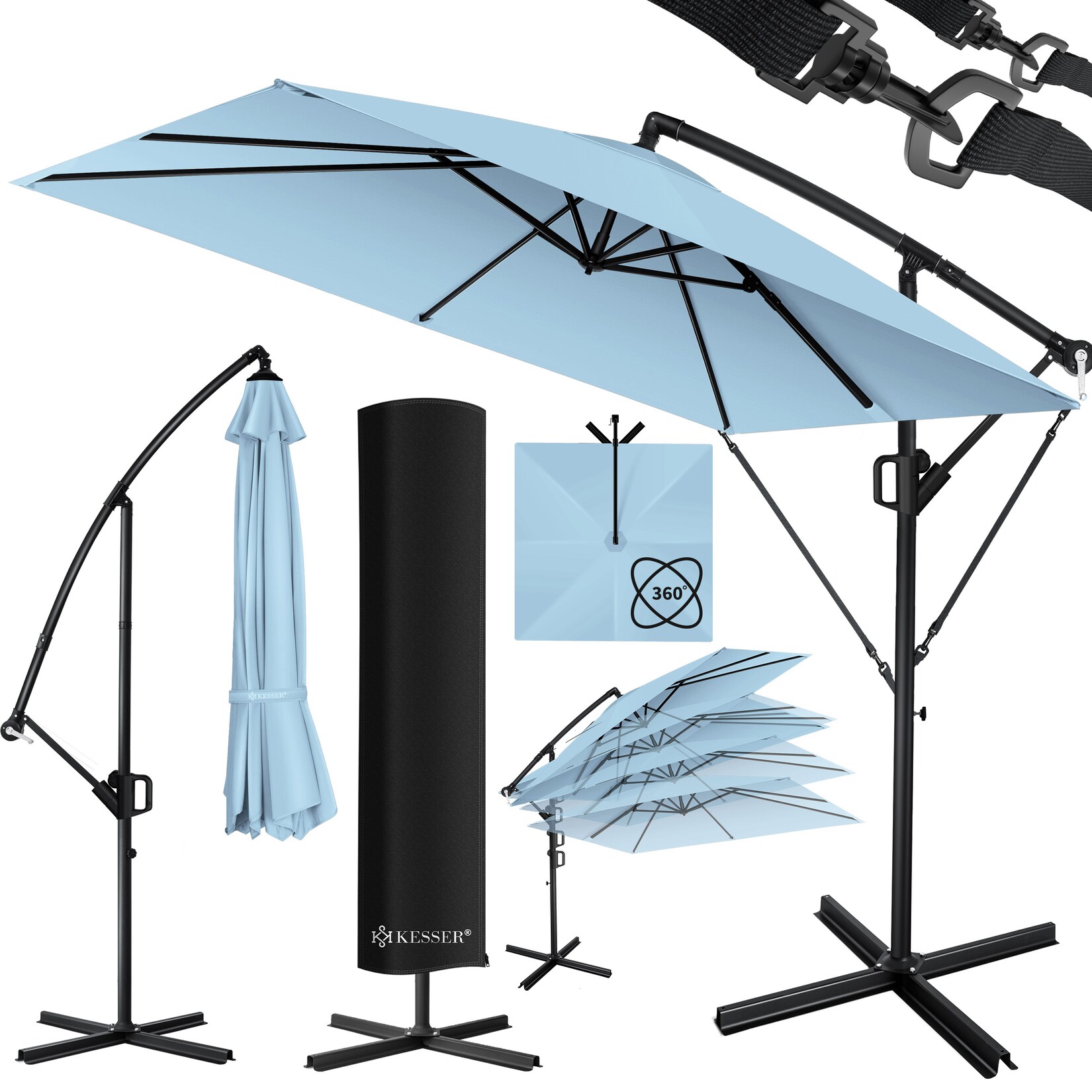 KESSER® Ampelschirm Holly Sonnenschirm Rechteckig mit und ohne LED Solar inkl. Abdeckung + Windsicherung mit Kurbel   Kurbel-Schirm mit Ständer UV-Schutz Aluminium Wasserabweisend Ø350cm Gartenschirm | 04255598351393