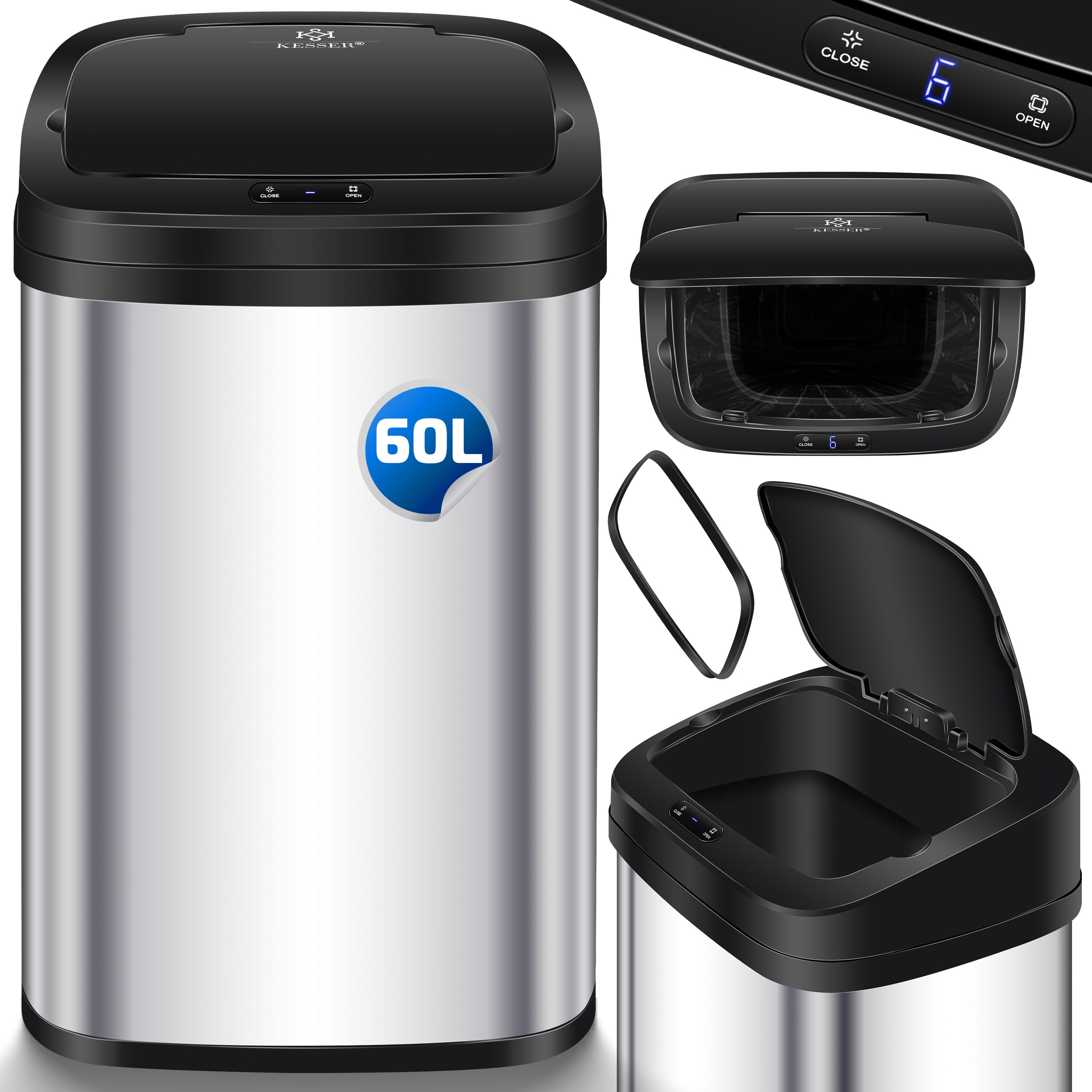 KESSER&reg; Sensor M&uuml;lleimer K&uuml;che | Automatik mit Bewegungssensor Abfalleimer & Soft-Close-Deckel | M&uuml;llbeh&auml;lter mit Touch-Bedienfeld & Sensor | LCD-Display | Edelstahl | inkl. M&uuml;llsackhalter - Bild 1