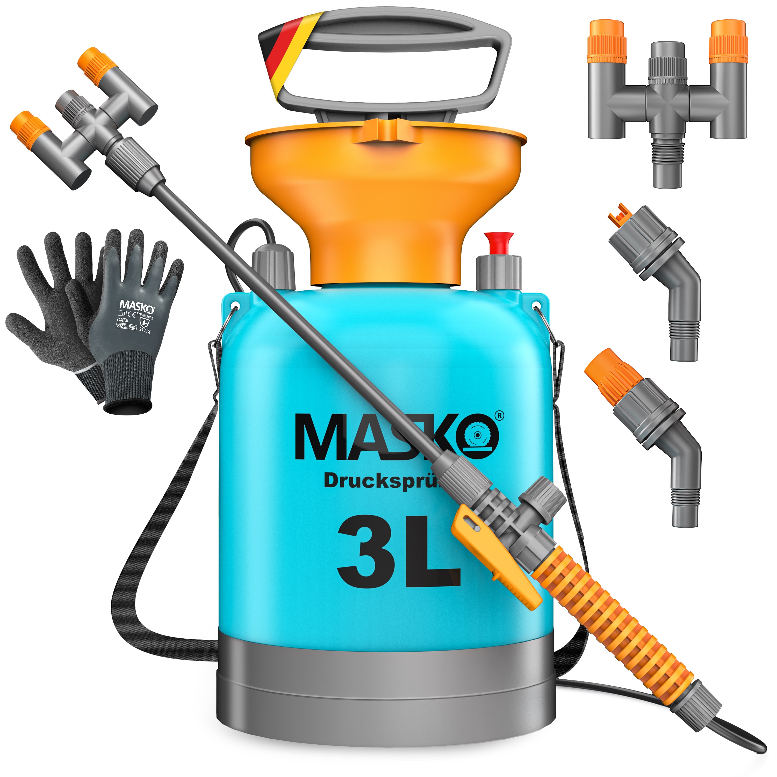 MASKO&reg; Druckspr&uuml;her s&auml;urebest&auml;ndiges Druckspr&uuml;hger&auml;t 3/5L F&uuml;llinhalt mit verstellbaren D&uuml;sen & 1,3m Schlauch Spr&uuml;hger&auml;t f&uuml;r Pflanzenschutz, Garten & Auto | Pumpspr&uuml;hflasche mit Tragegurt & Handschuhe - Bild 1