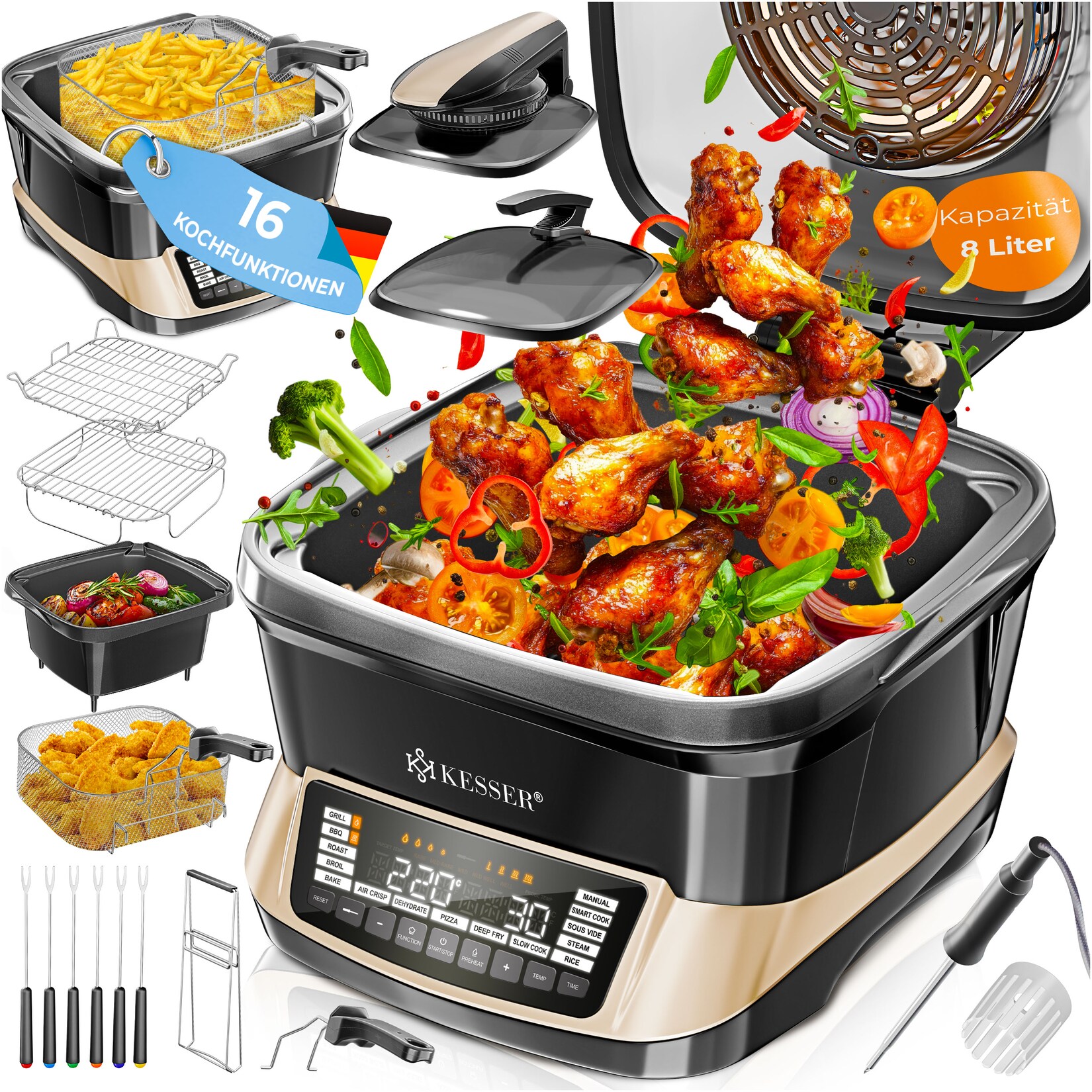 KESSER® Multikocher Küchengerät 8L & 16 Programme – Grillen, Backen, Schmoren, Dampfgaren mit Vorheiz- & Warmhaltefunktion, Schnellkochkopf, Heißluftfritteuse, Reiskocher, Slow Cooker, Joghurtbereiter | 04255598356725