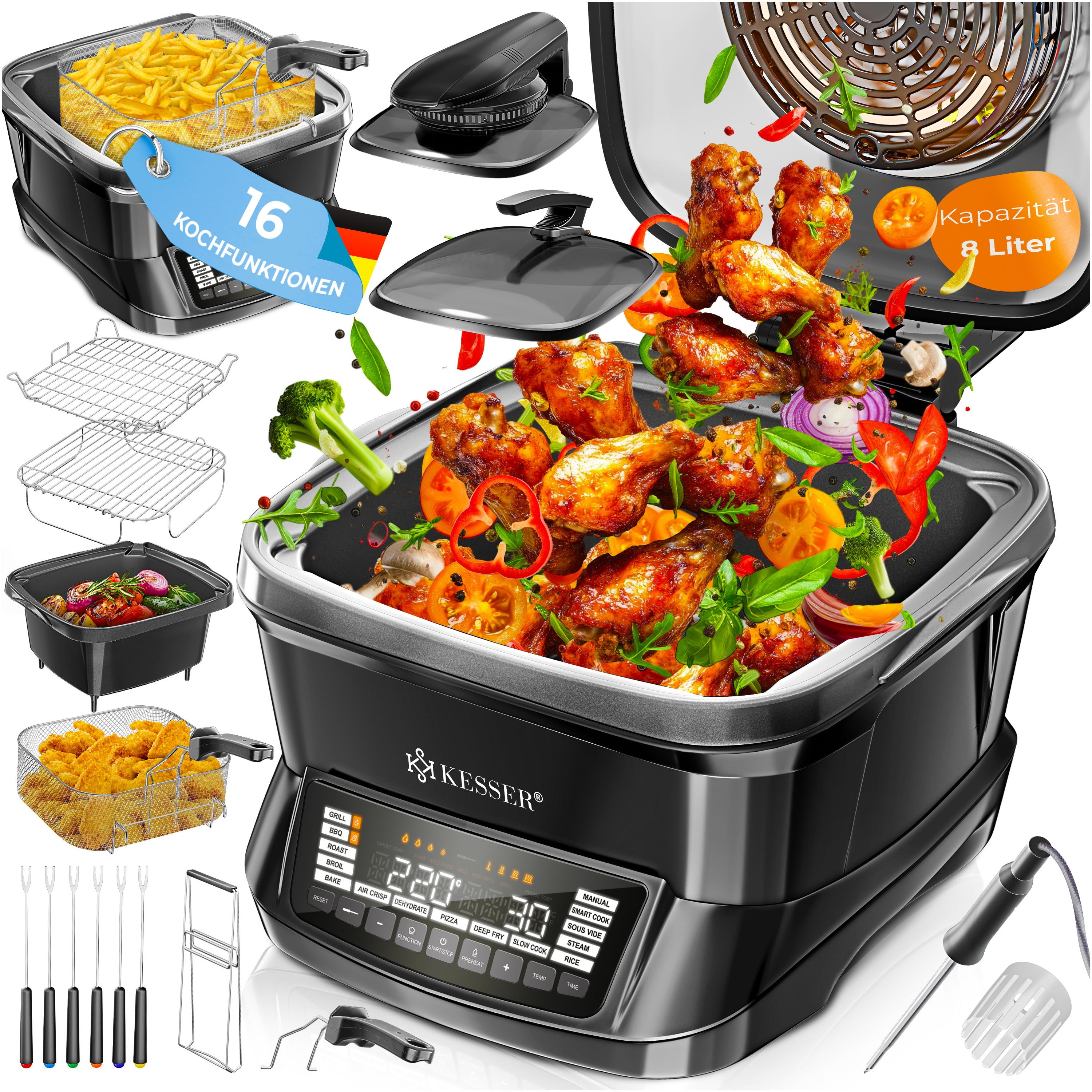 KESSER&reg; Multikocher K&uuml;chenger&auml;t 8L & 16 Programme - Grillen, Backen, Schmoren, Dampfgaren mit Vorheiz- & Warmhaltefunktion, Schnellkochkopf, Hei&szlig;luftfritteuse, Reiskocher, Slow Cooker, Joghurtbereiter - Bild 1