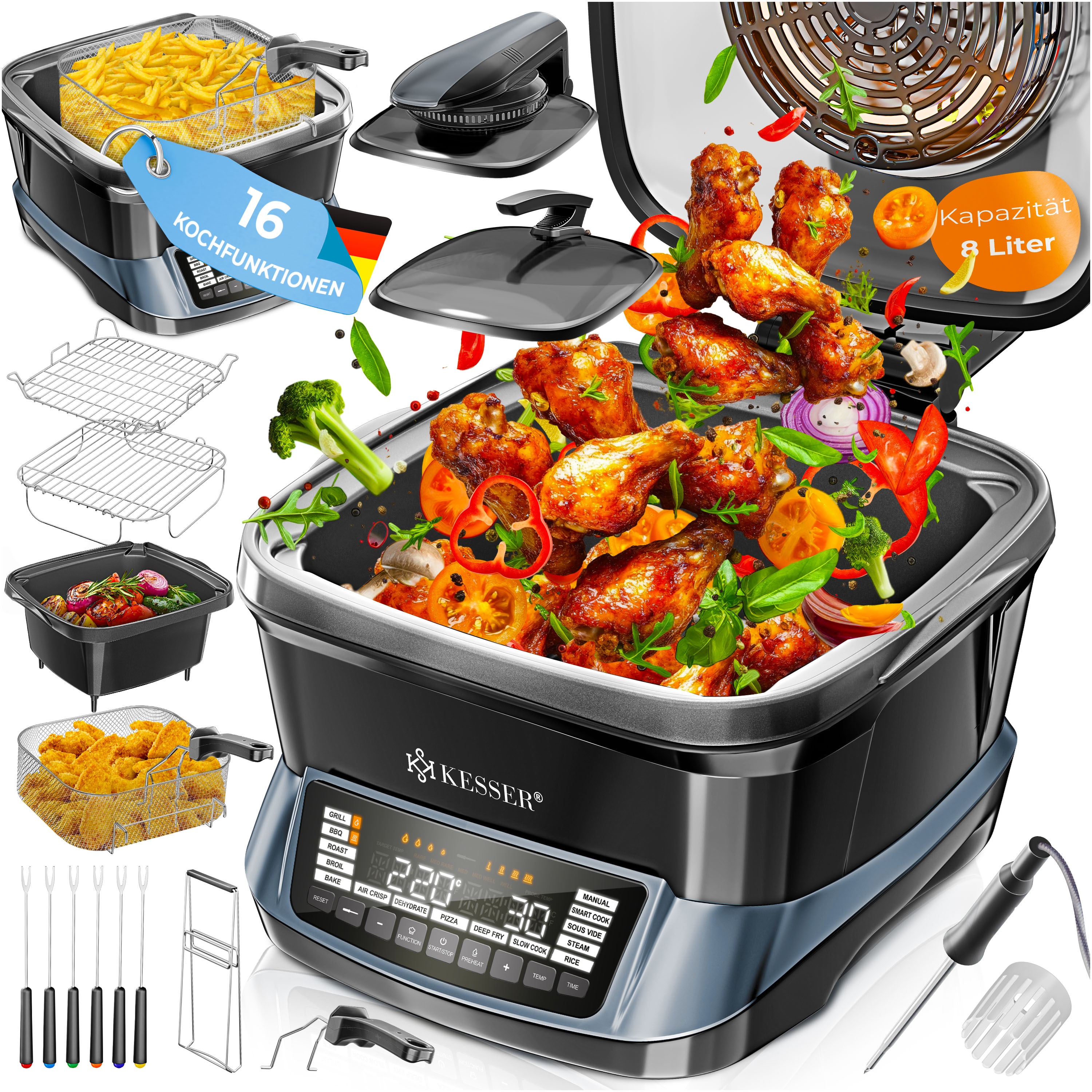 KESSER&reg; Multikocher K&uuml;chenger&auml;t 8L & 16 Programme - Grillen, Backen, Schmoren, Dampfgaren mit Vorheiz- & Warmhaltefunktion, Schnellkochkopf, Hei&szlig;luftfritteuse, Reiskocher, Slow Cooker, Joghurtbereiter - Bild 1