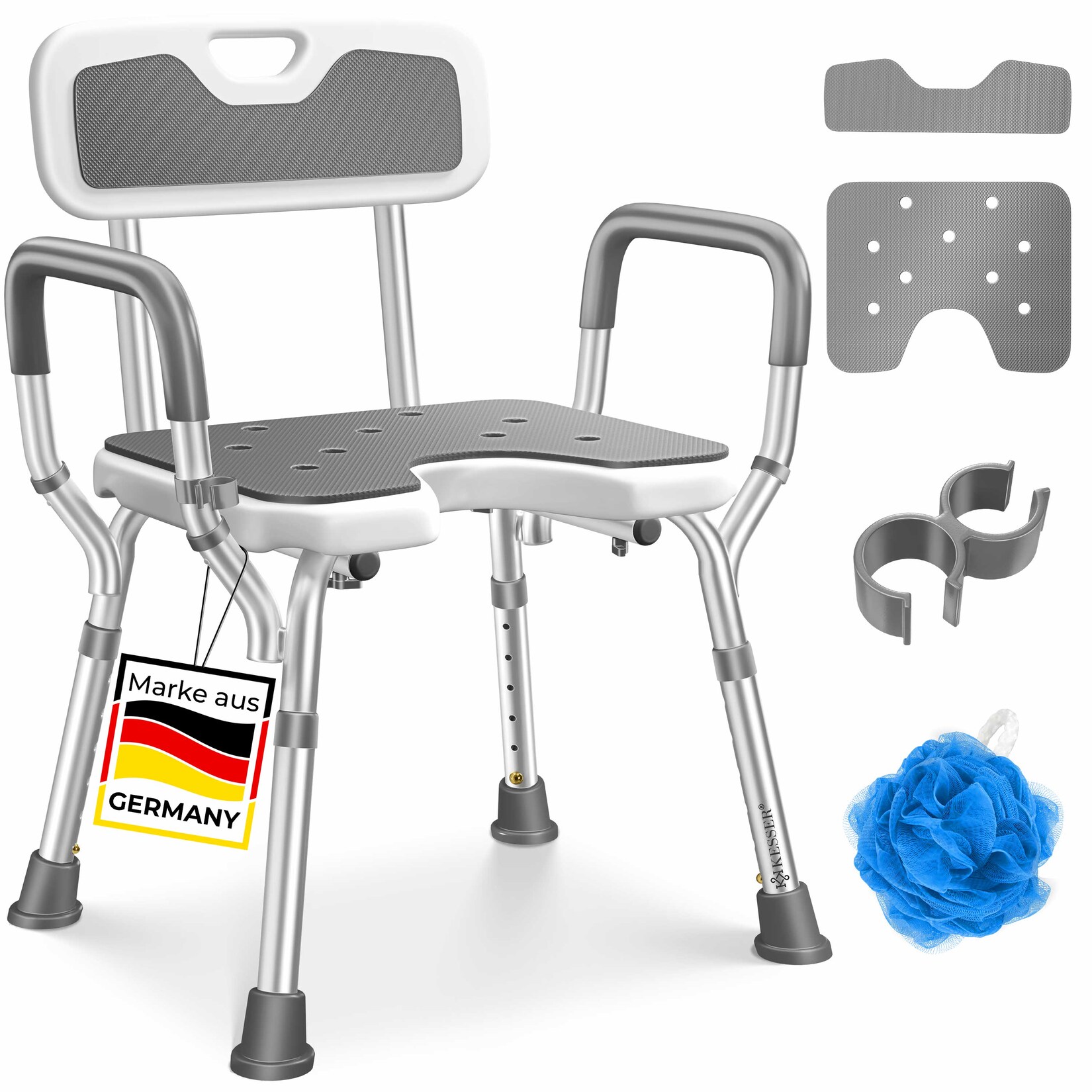 KESSER® Duschhocker mit Lehne höhenverstellbar in 6 Stufen 38-54cm Badhocker 150KG belastbar Duschstuhl Anti-Rutsch Füße & Matten Duschhilfe Senioren & Schwangere Duschsitz mit Brausehalterung