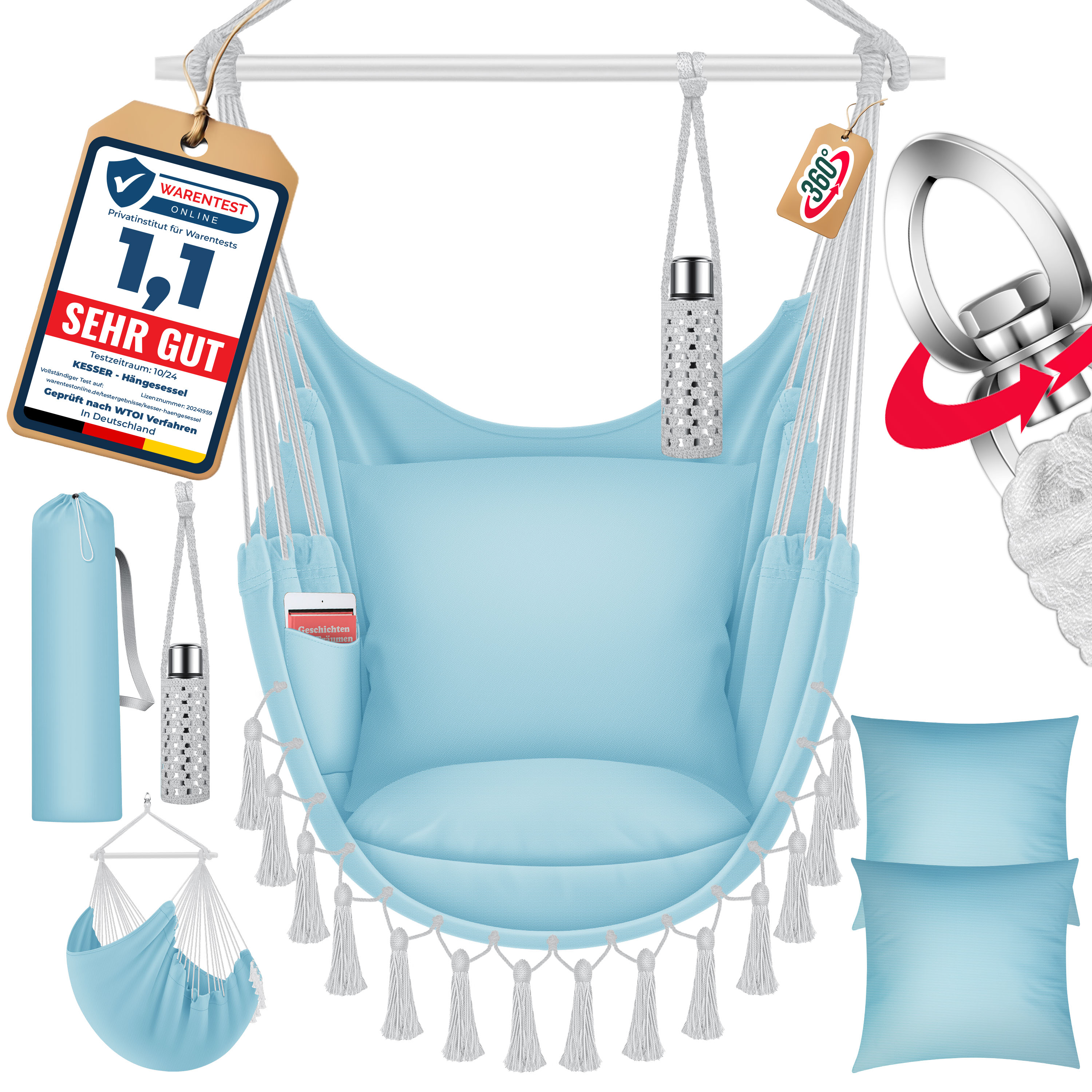 KESSER&reg; H&auml;ngesessel mit 2 Kissen Getr&auml;nkehalter & B&uuml;cherfach - Safari XXL H&auml;ngestuhl f&uuml;r Erwachsene & Kinder H&auml;ngematte bis 150 kg H&auml;ngesitz Aufh&auml;ngung Indoor & Outdoor Wohn & Garten Terrasse - Bild 1