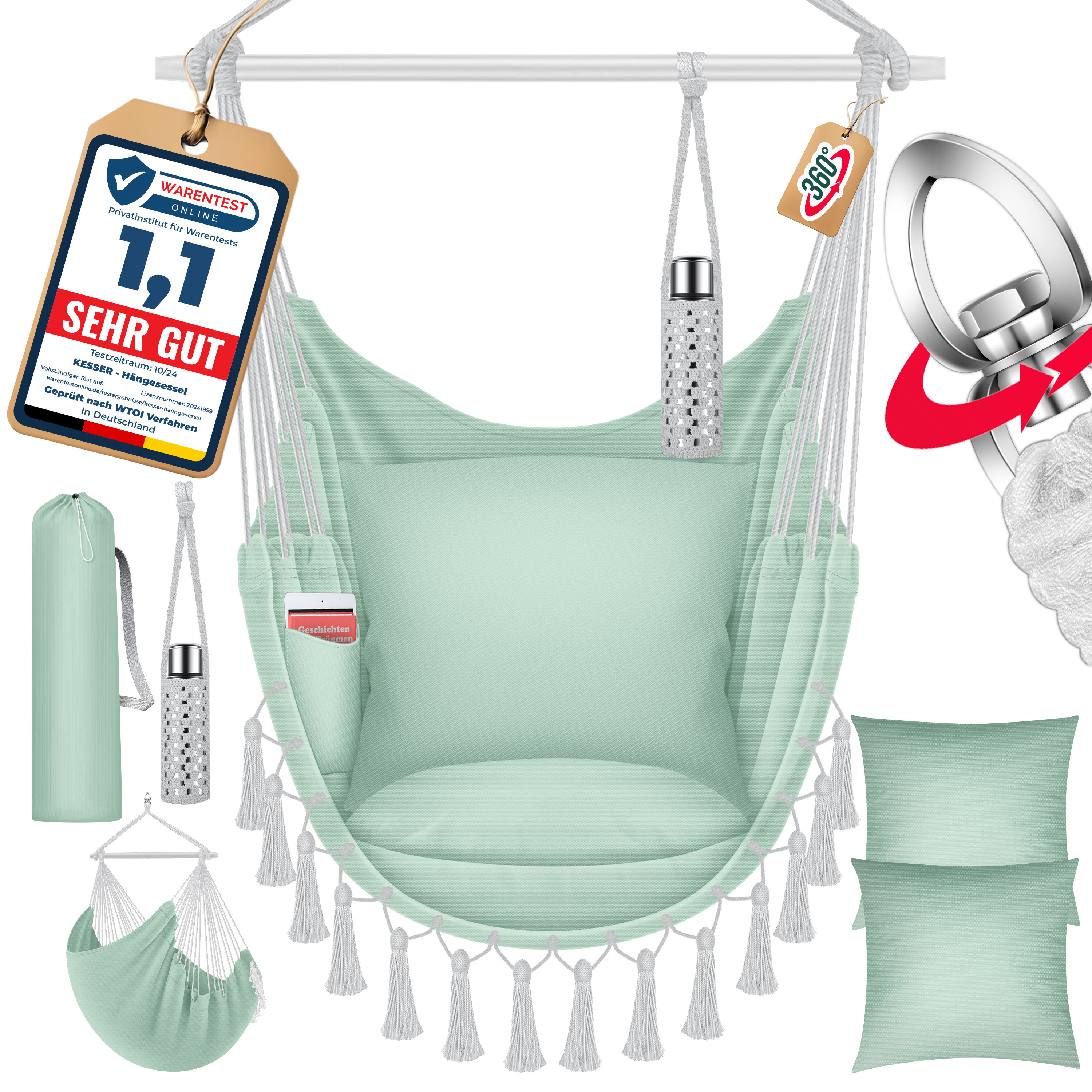 KESSER&reg; H&auml;ngesessel mit 2 Kissen Getr&auml;nkehalter & B&uuml;cherfach - Safari XXL H&auml;ngestuhl f&uuml;r Erwachsene & Kinder H&auml;ngematte bis 150 kg H&auml;ngesitz Aufh&auml;ngung Indoor & Outdoor Wohn & Garten Terrasse - Bild 1