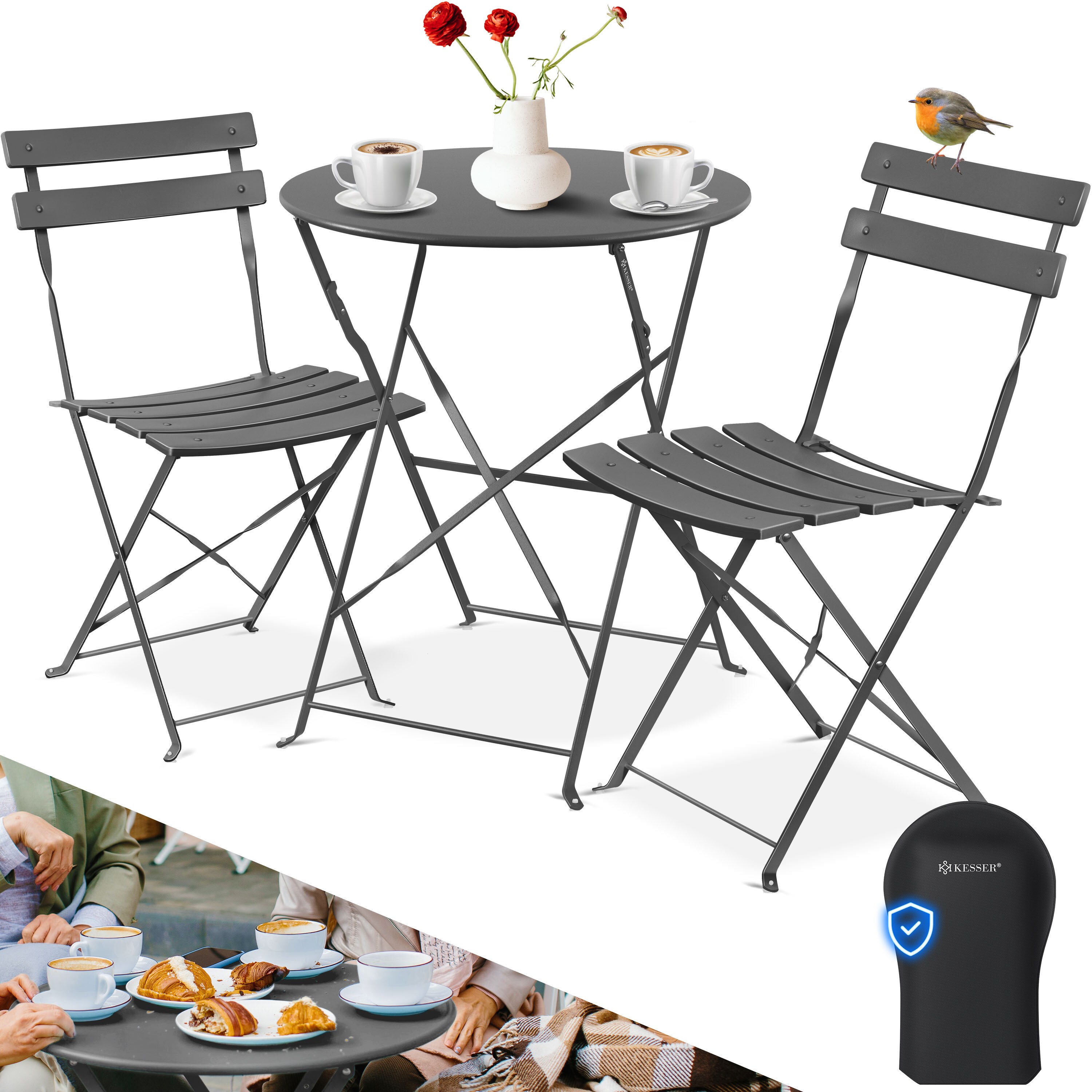 KESSER&reg; Bistroset 3-teilig Bistrotisch mit 2 klappbaren St&uuml;hle Set Balkonset Balkonm&ouml;bel Klapp-M&ouml;bel Gartenset Sitzgarnitur Gartengarnitur Gartenm&ouml;bel Sitzgruppe Metall Bistro Gartentisch inkl. Abdeckung - Bild 1