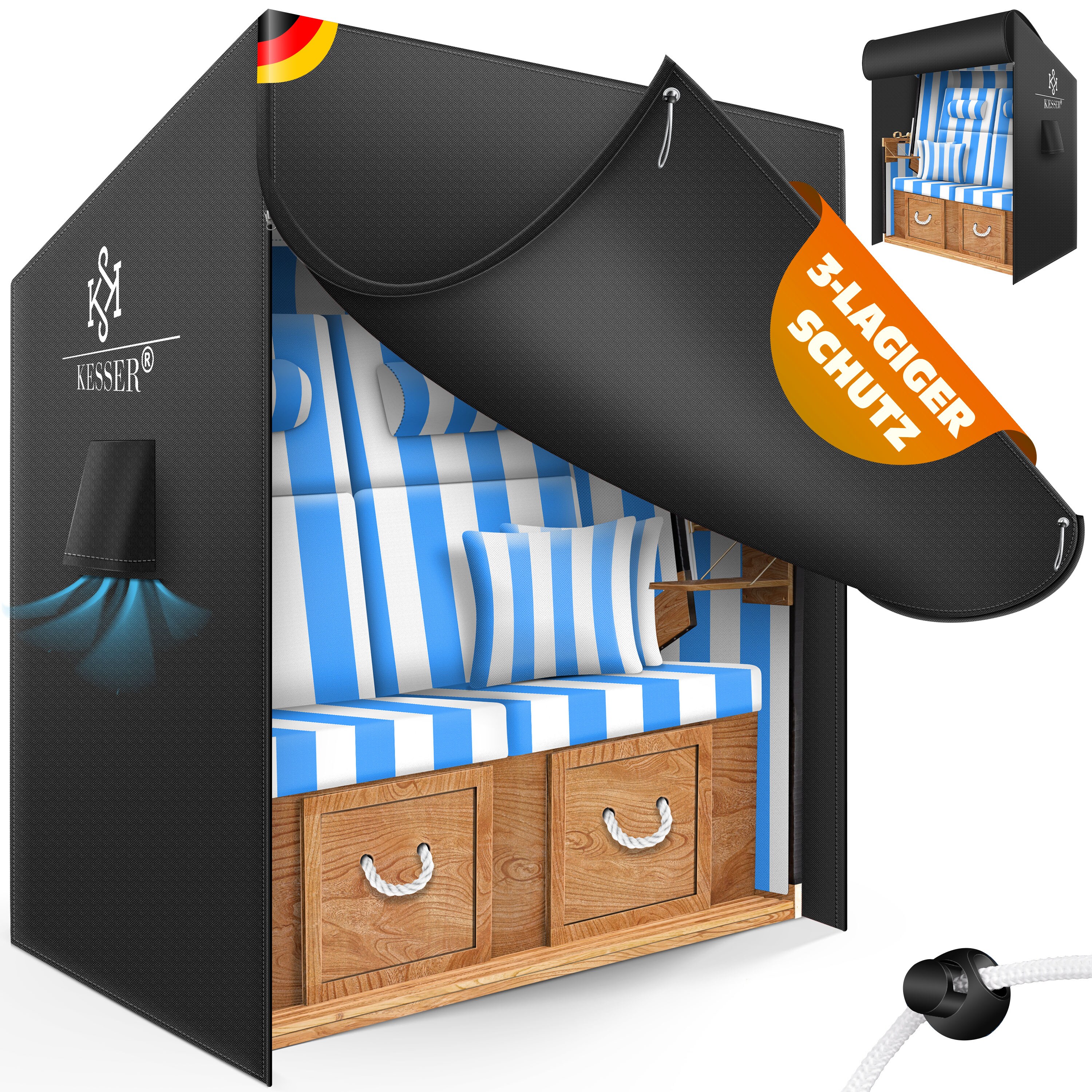 KESSER&reg; Premium Strandkorb Schutzh&uuml;lle mit Bel&uuml;ftungs&ouml;ffnungen, Strandkorbh&uuml;lle Wasserdicht, Winterfest UV-Best&auml;ndiges, Schwerlast Rei&szlig;fest 600D Oxford Gewebe Abdeckung (135x100x160/150cm) - Bild 1