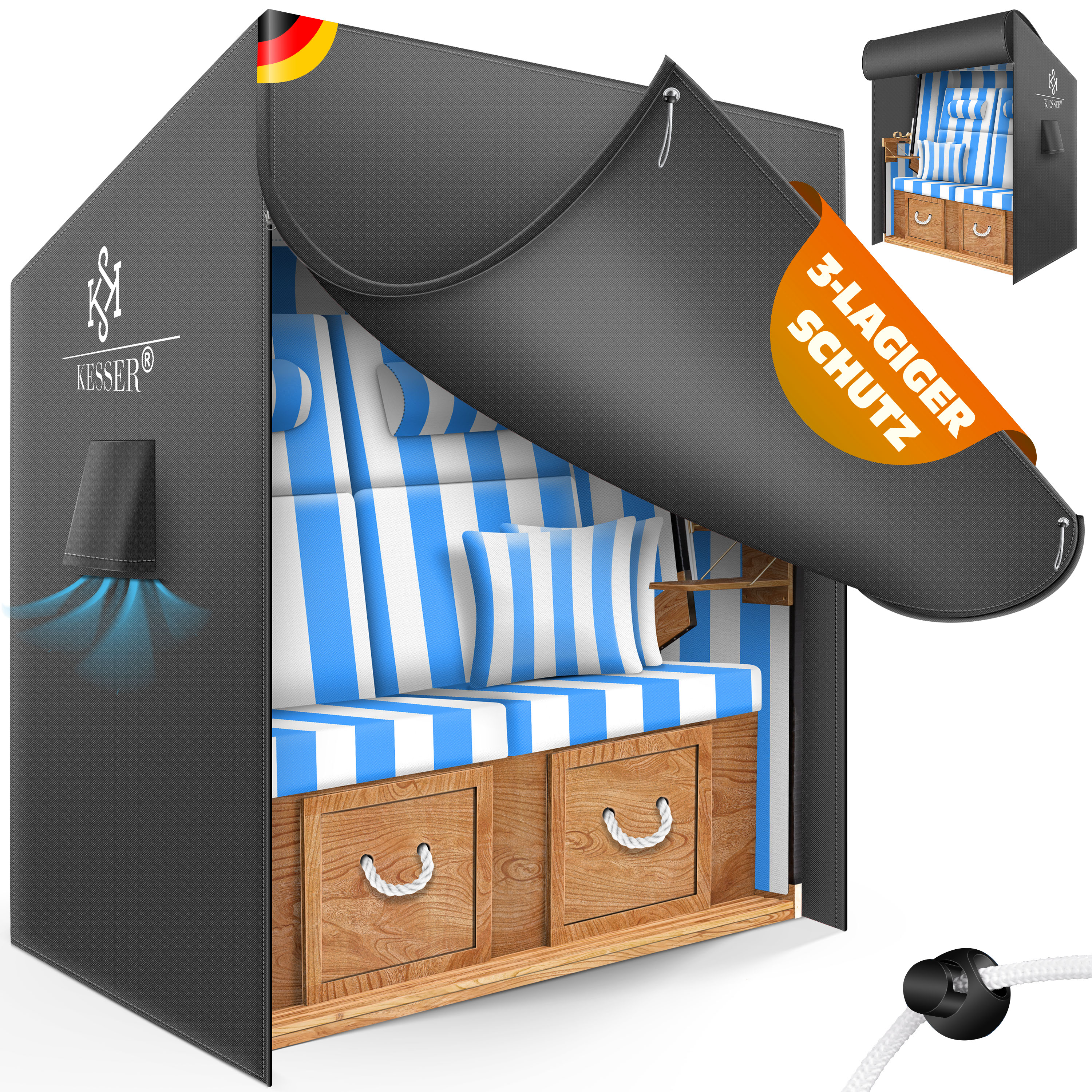 KESSER&reg; Premium Strandkorb Schutzh&uuml;lle mit Bel&uuml;ftungs&ouml;ffnungen, Strandkorbh&uuml;lle Wasserdicht, Winterfest UV-Best&auml;ndiges, Schwerlast Rei&szlig;fest 600D Oxford Gewebe Abdeckung (135x100x160/150cm) - Bild 1