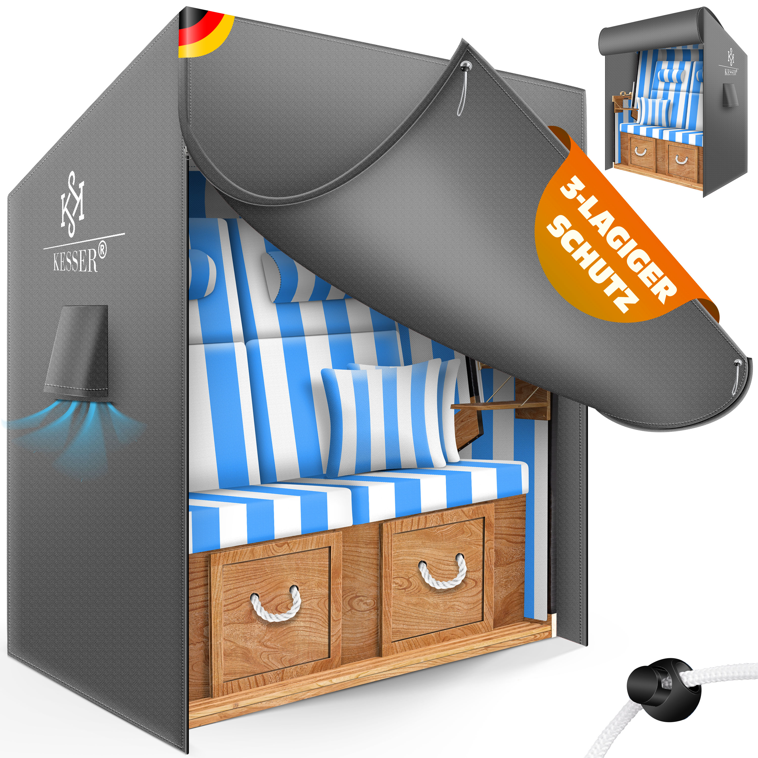 KESSER&reg; Premium Strandkorb Schutzh&uuml;lle mit Bel&uuml;ftungs&ouml;ffnungen, Strandkorbh&uuml;lle Wasserdicht, Winterfest UV-Best&auml;ndiges, Schwerlast Rei&szlig;fest 600D Oxford Gewebe Abdeckung (135x100x160/150cm) - Bild 1