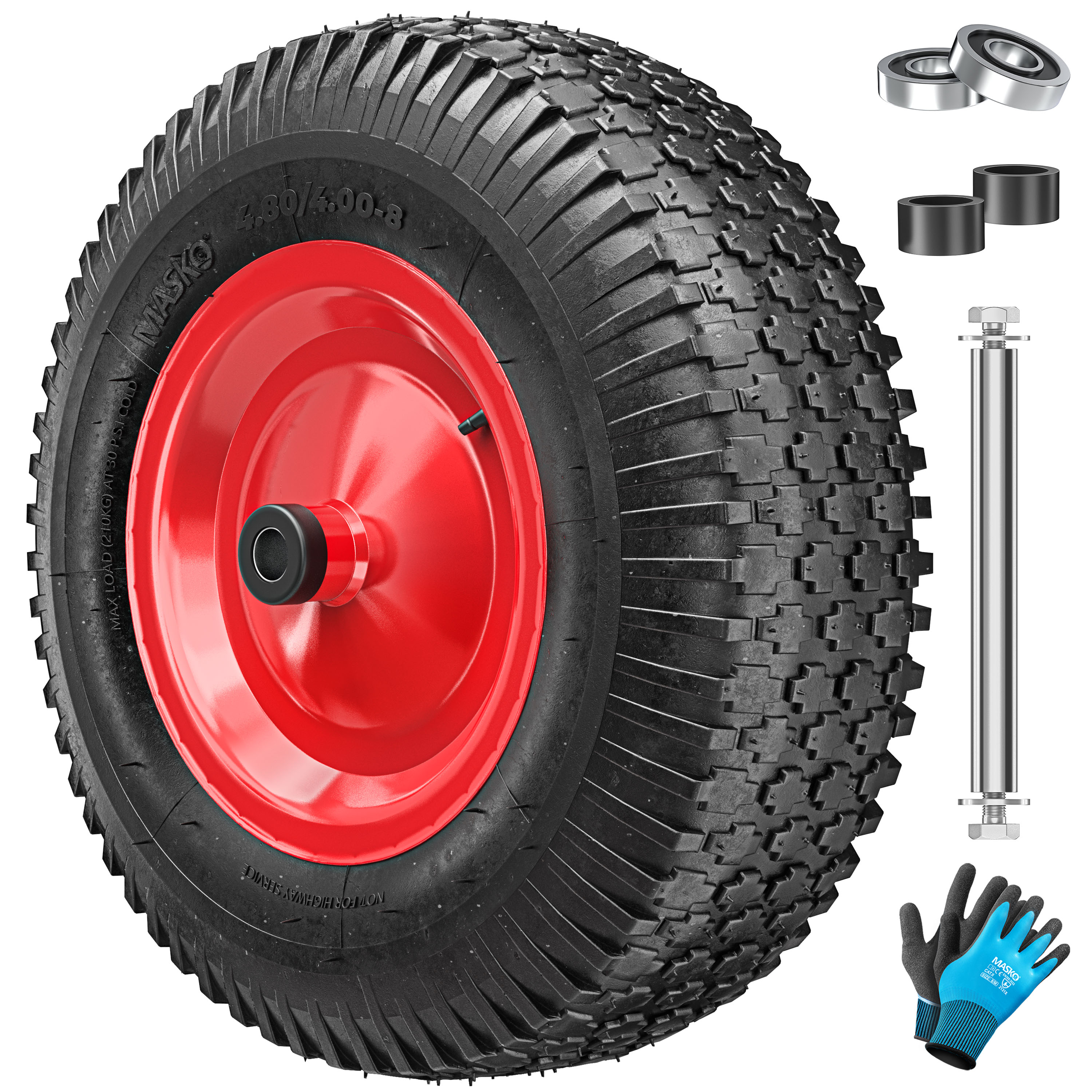 MASKO&reg; Schubkarrenrad Luftbereifung 250kg Traglast Ersatzrad f&uuml;r Schubkarre Gartenkarre 40cm / 15,6" extrabreit 9,5cm Luft-Rad pannensicheres Reifen mit Stahlfelge & Handschuhe Karbonstahl-Kugellager - Bild 1
