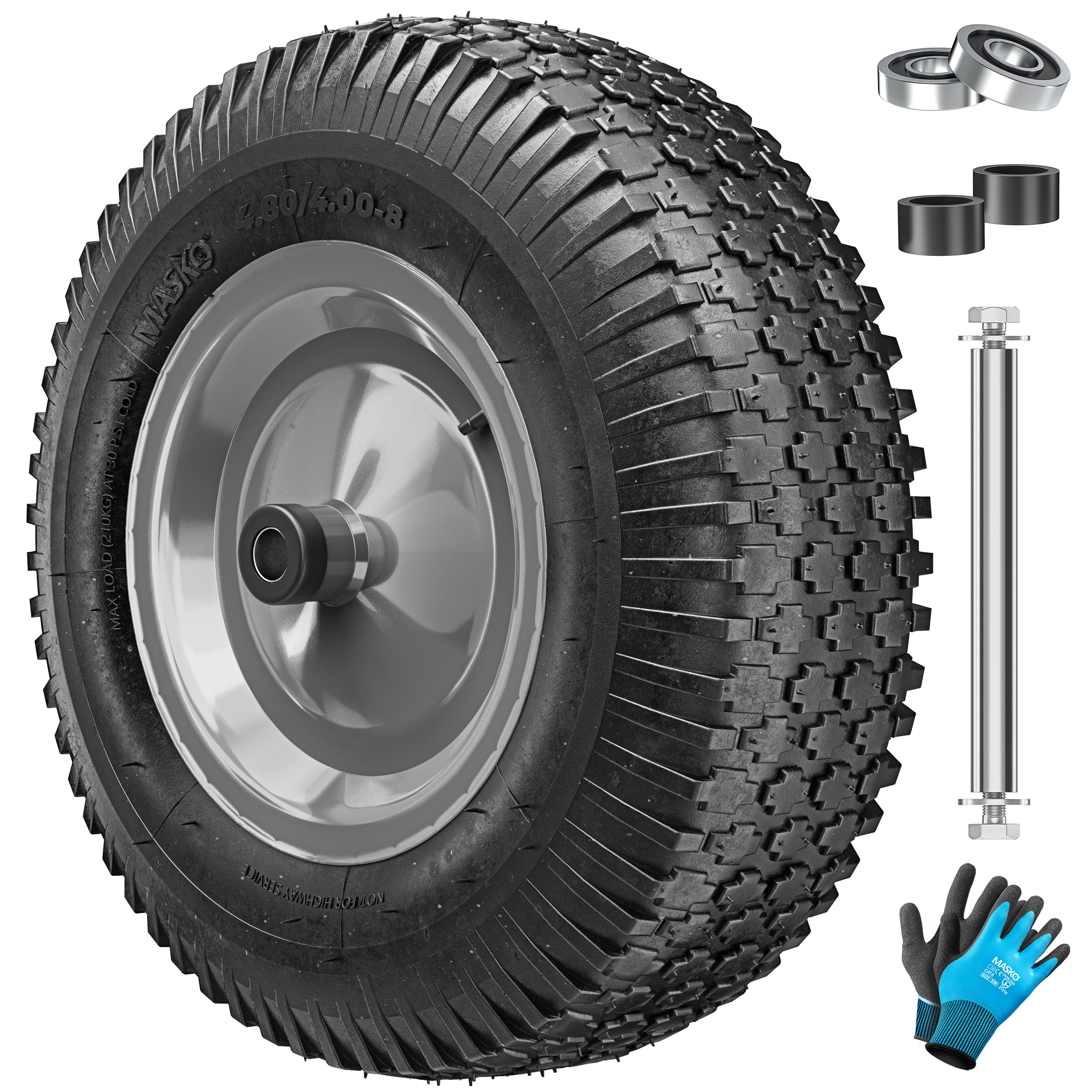 MASKO&reg; Schubkarrenrad Luftbereifung 250kg Traglast Ersatzrad f&uuml;r Schubkarre Gartenkarre 40cm / 15,6" extrabreit 9,5cm Luft-Rad pannensicheres Reifen mit Stahlfelge & Handschuhe Karbonstahl-Kugellager - Bild 1