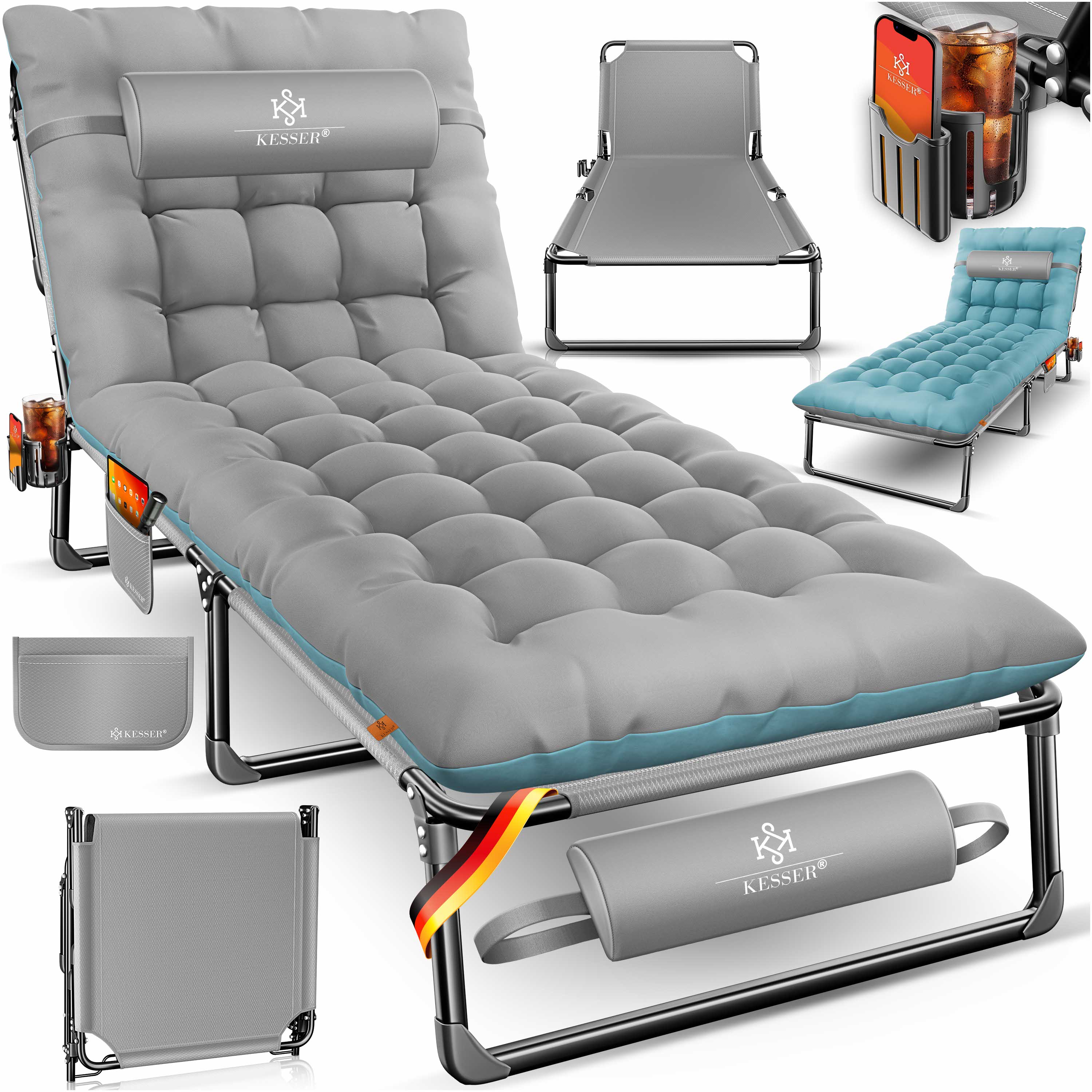 KESSER&reg; Campingbett klappbar mit Tragetasche, Nackenkissen, Vakuumtasche & Getr&auml;nkehalter, 190 x 68 x 30 cm bis 250 kg belastbar, aus  Oxford-Gewebe und stabilem Stahlger&uuml;st, ideal f&uuml;r Garten Camping - Bild 1