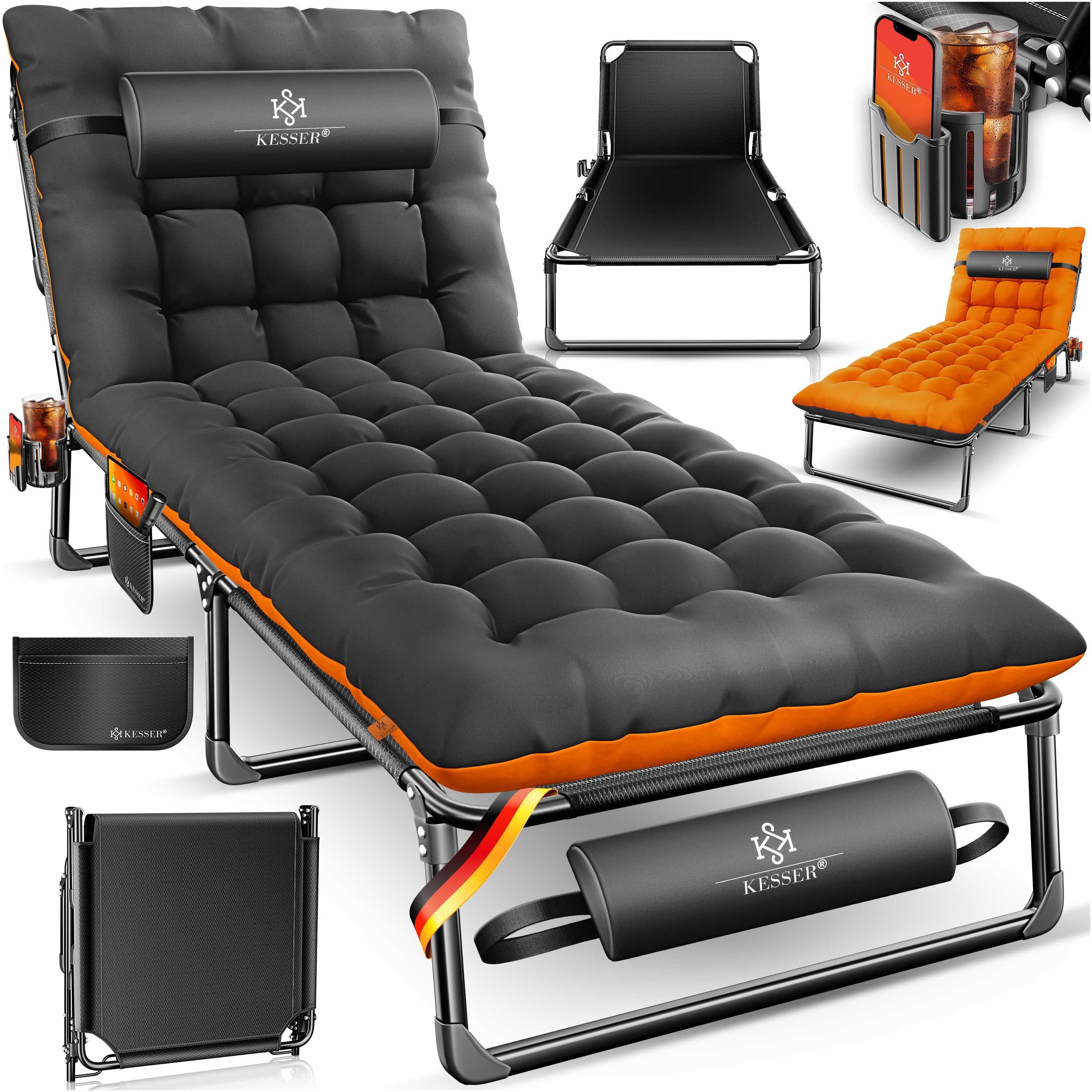 KESSER&reg; Campingbett klappbar mit Tragetasche, Nackenkissen, Vakuumtasche & Getr&auml;nkehalter, 190 x 68 x 30 cm bis 250 kg belastbar, aus  Oxford-Gewebe und stabilem Stahlger&uuml;st, ideal f&uuml;r Garten Camping - Bild 1