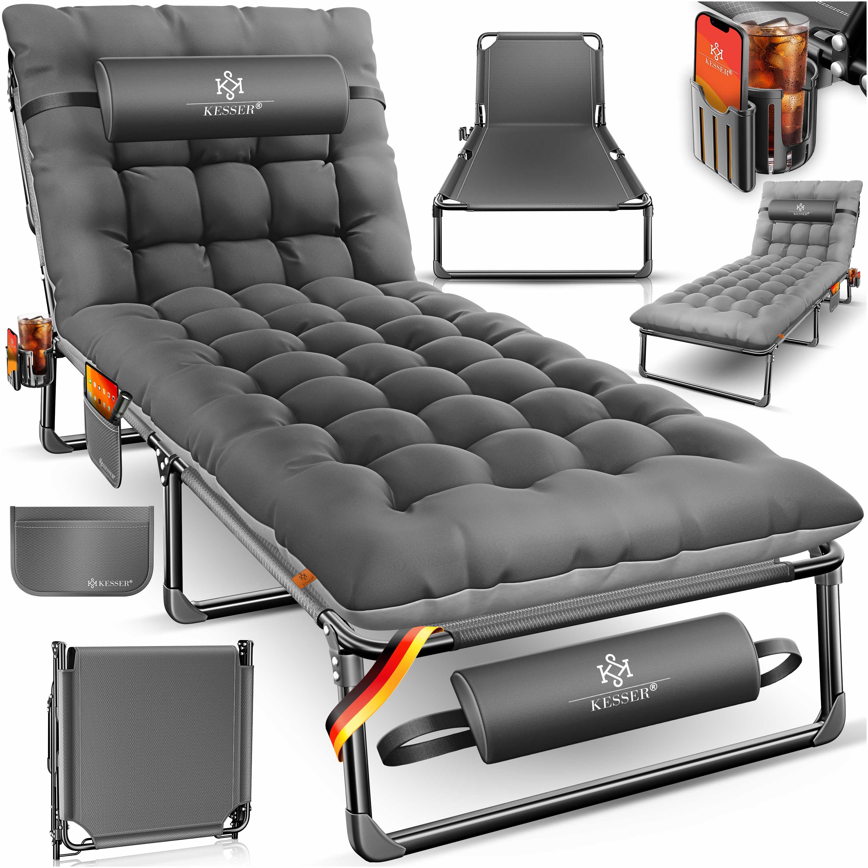 KESSER&reg; Campingbett klappbar mit Tragetasche, Nackenkissen, Vakuumtasche & Getr&auml;nkehalter, 190 x 68 x 30 cm bis 250 kg belastbar, aus  Oxford-Gewebe und stabilem Stahlger&uuml;st, ideal f&uuml;r Garten Camping - Bild 1