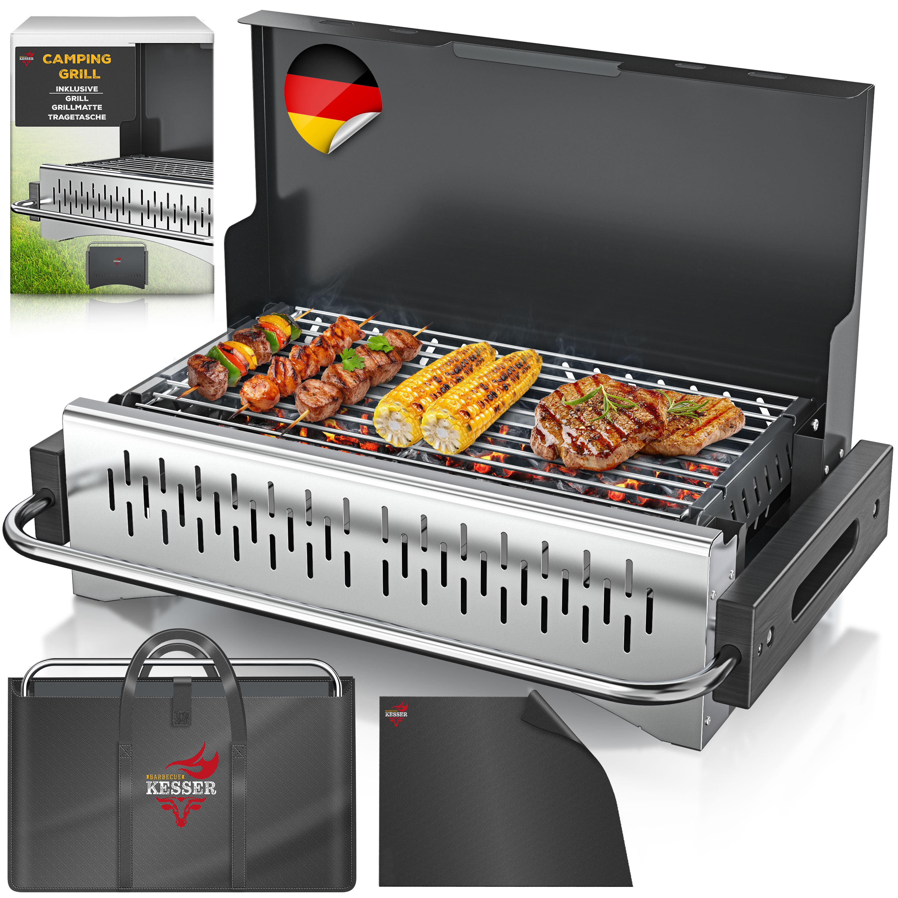 KESSER&reg; Klappgrill tragbarer Camping Grill | Holzkohlegrill aus&nbsp;pulverbeschichtetem Stahl&nbsp;inklusive Grillrost, Grillmatte & Tragetasche | Faltbar BBQ ideal f&uuml;r Camping, Picknick & Angeln - Bild 1