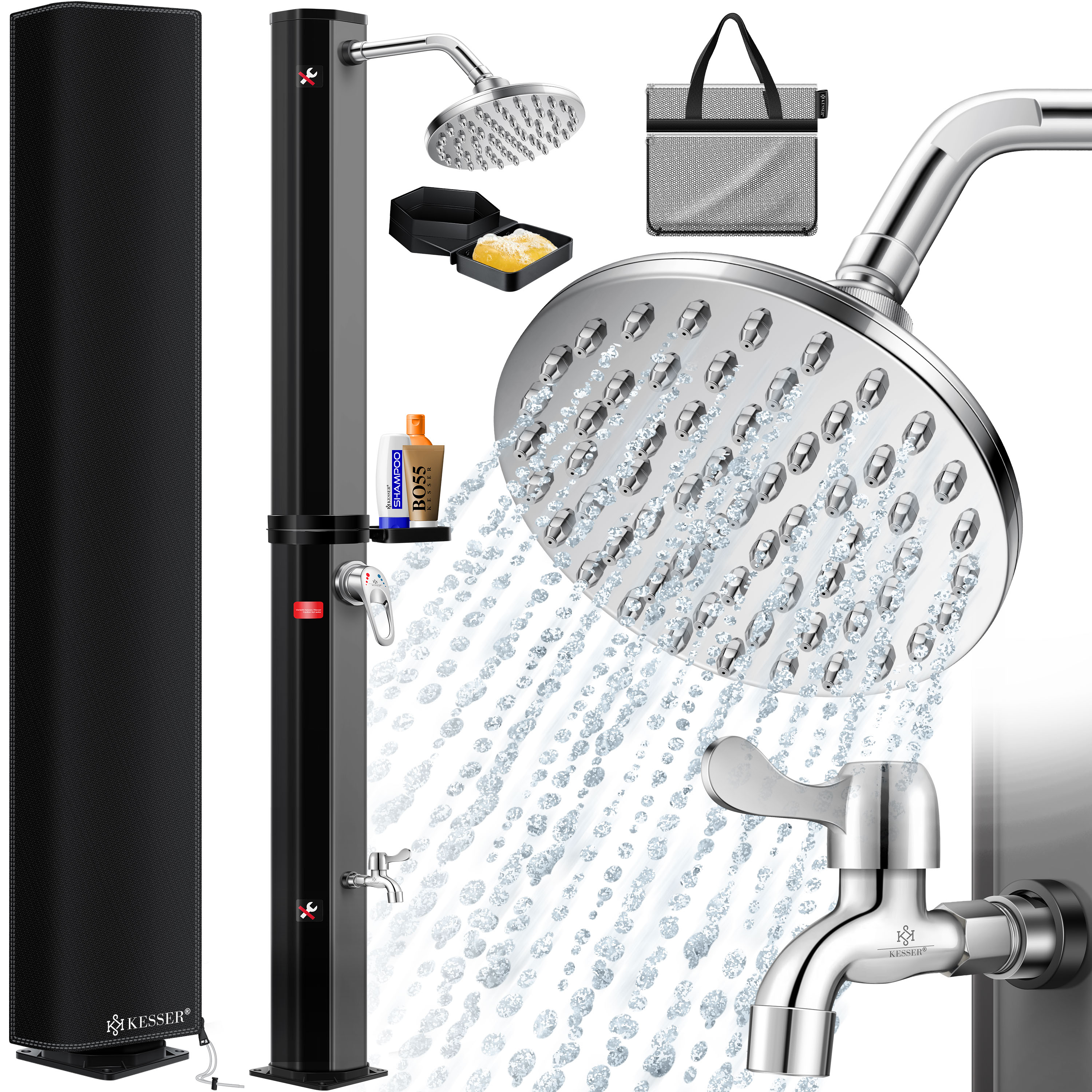 KESSER&reg; Solardusche 35 Liter Solar Gartendusche + Metall-Duschablage | warmes Wasser |  max. 60&deg;C | ohne Stromanschluss | Pooldusche Camping| Regenduschkopf und Wasserhahn | Gartenschlauch-Anschluss | - Bild 1