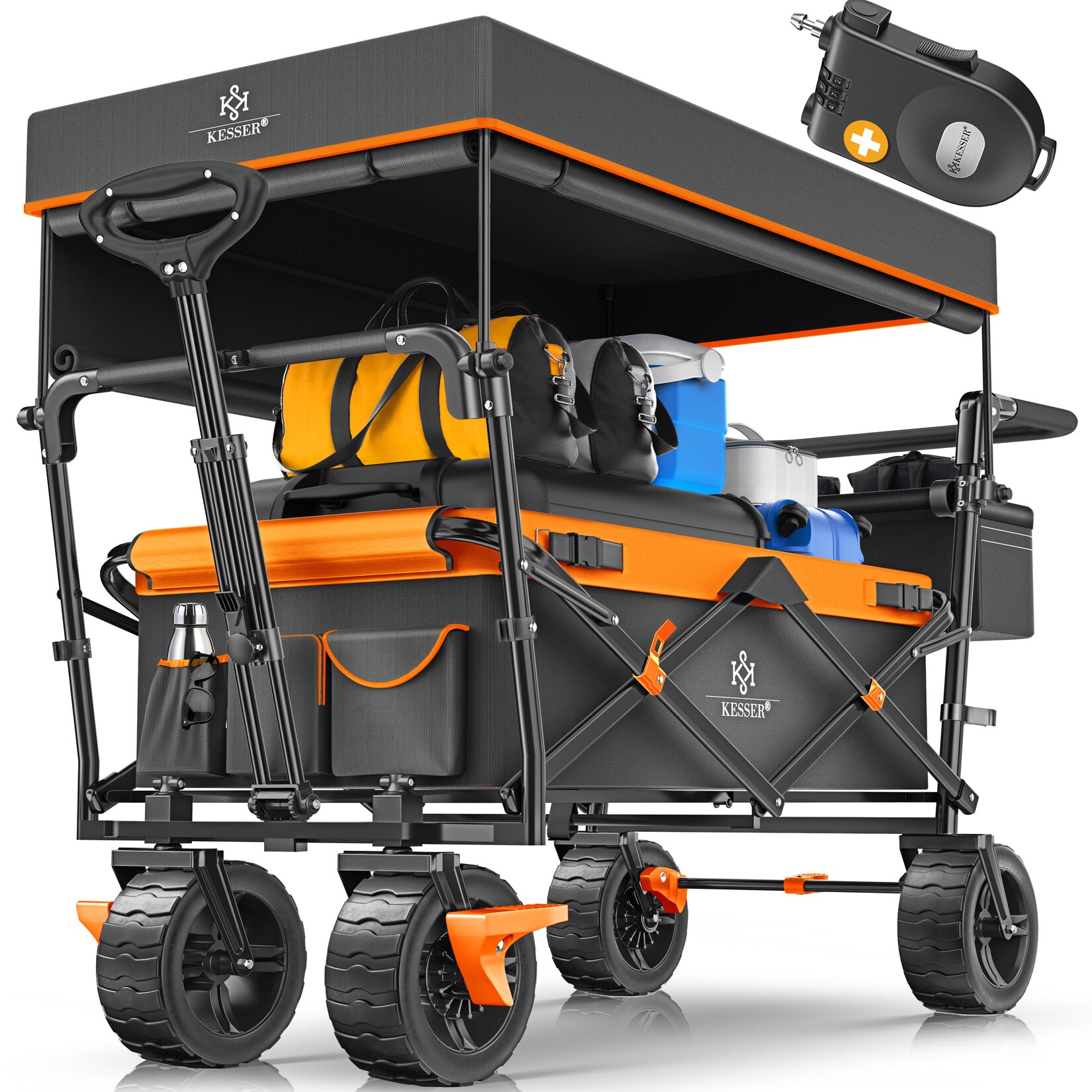 KESSER® Bollerwagen faltbar GT9000 Handwagen mit Dach   Transportwagen max. belastbar bis 150kg mit Hartgummi-Räder & Feststellbremsen (Vorne & Hinten)   Inkl. Schloss, Abdeckung, Wetter & Sichtschutz | 04255598351300