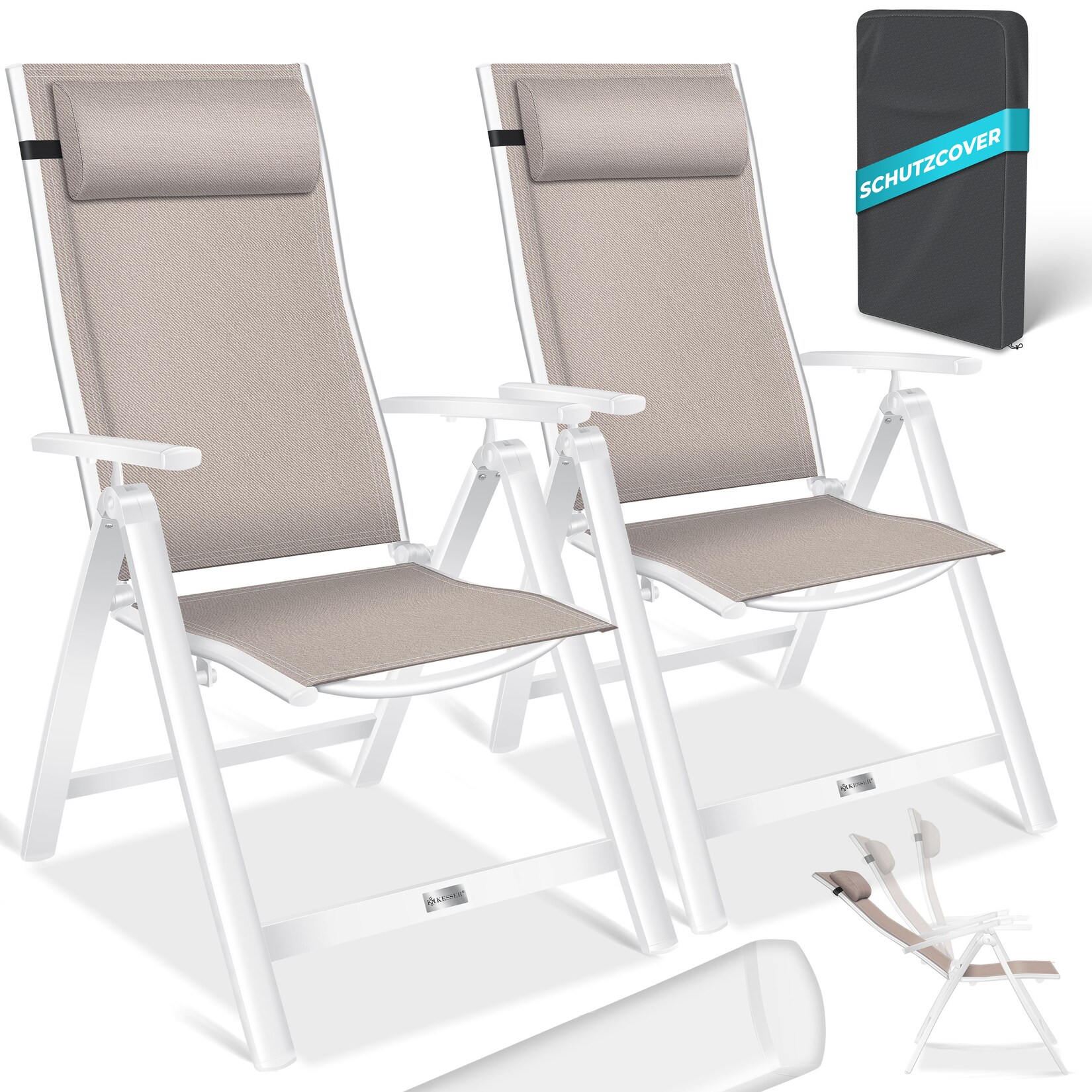 KESSER® Gartenstuhl Hochlehner mit Armlehnen Aluminium Klappstuhl inkl. Kopfkissen Campingstuhl 7-Fach Verstellbar Rückenlehne Atmungsaktiv & Wetterfest Klappbar & Anti-Rutsch