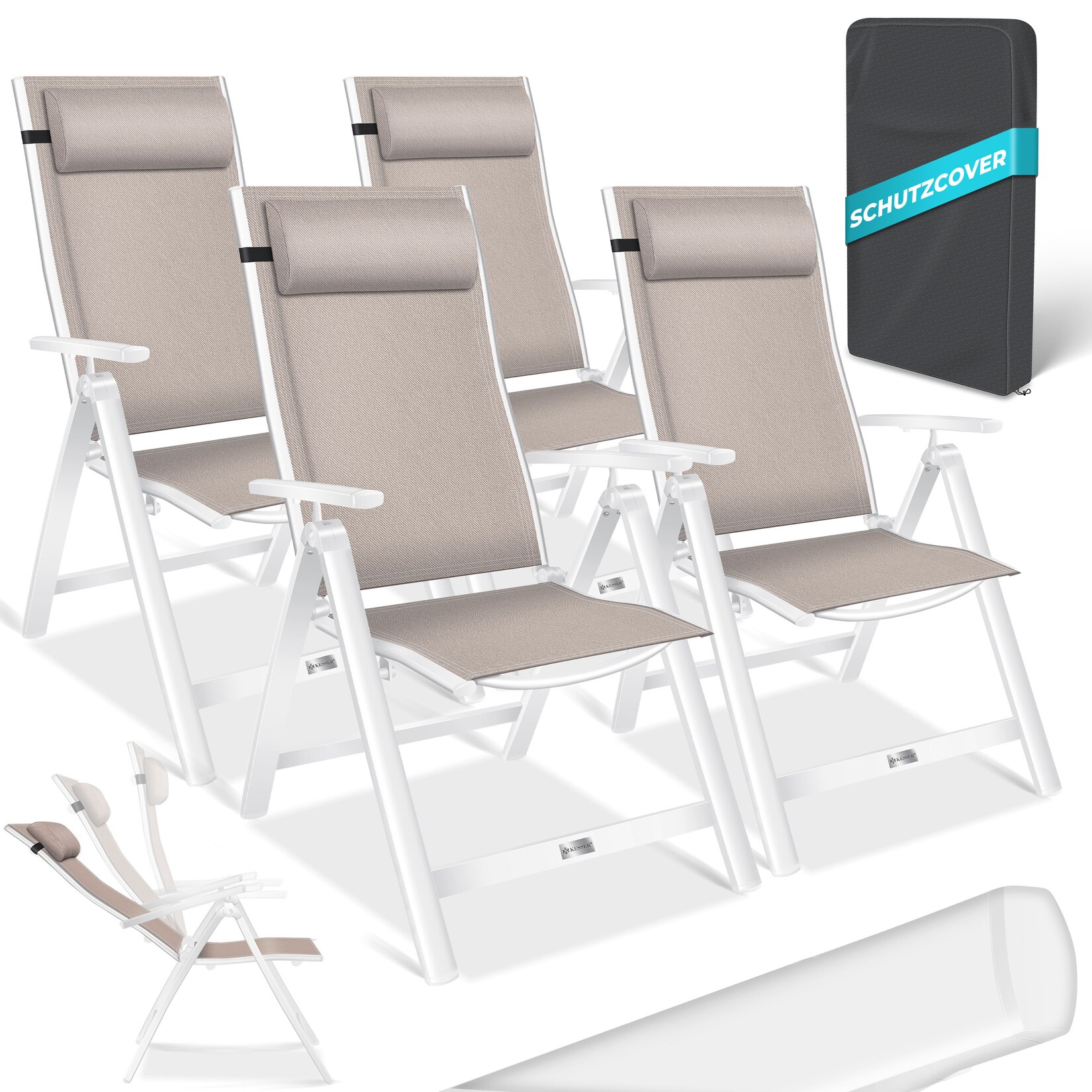 KESSER® Gartenstuhl Hochlehner mit Armlehnen Aluminium Klappstuhl inkl. Kopfkissen Campingstuhl 7-Fach Verstellbar Rückenlehne Atmungsaktiv & Wetterfest Klappbar & Anti-Rutsch