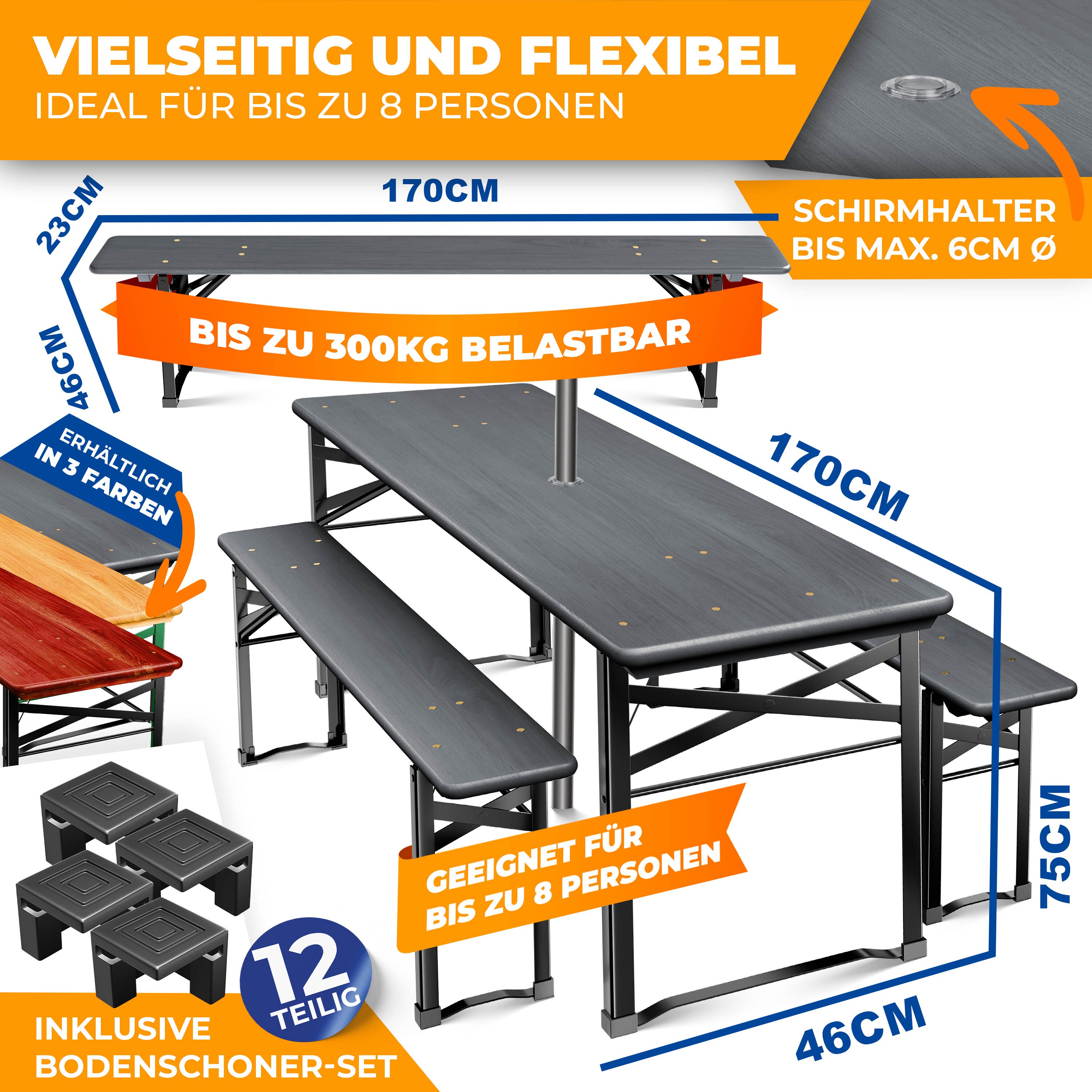KESSER® Bierzeltgarnitur 3 teilig Gartenmöbel-Set | Klappbar 170 x 46 x 75cm | 2X Bierbänke 1x Biertisch