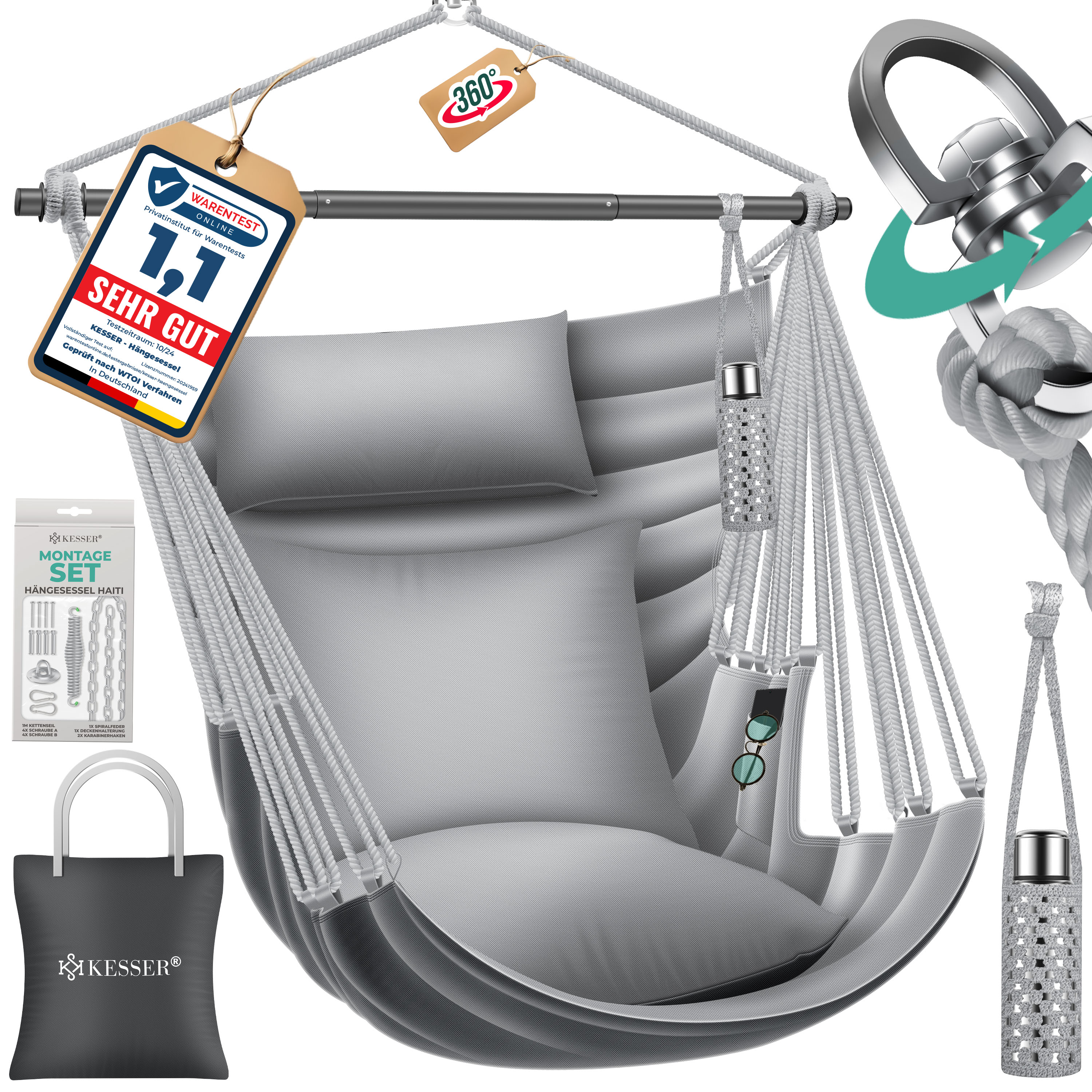 KESSER&reg; H&auml;ngesessel Haiti 150kg Traglast, H&auml;ngestuhl 360&deg; Drehung, H&auml;ngeschaukel Indoor-Outdoor UV-best&auml;ndig & Wasserfest, Pflegeleicht, Inkl. 2 Kissen, Tragetasche, Flaschenhalter & Montage-Set - Bild 1