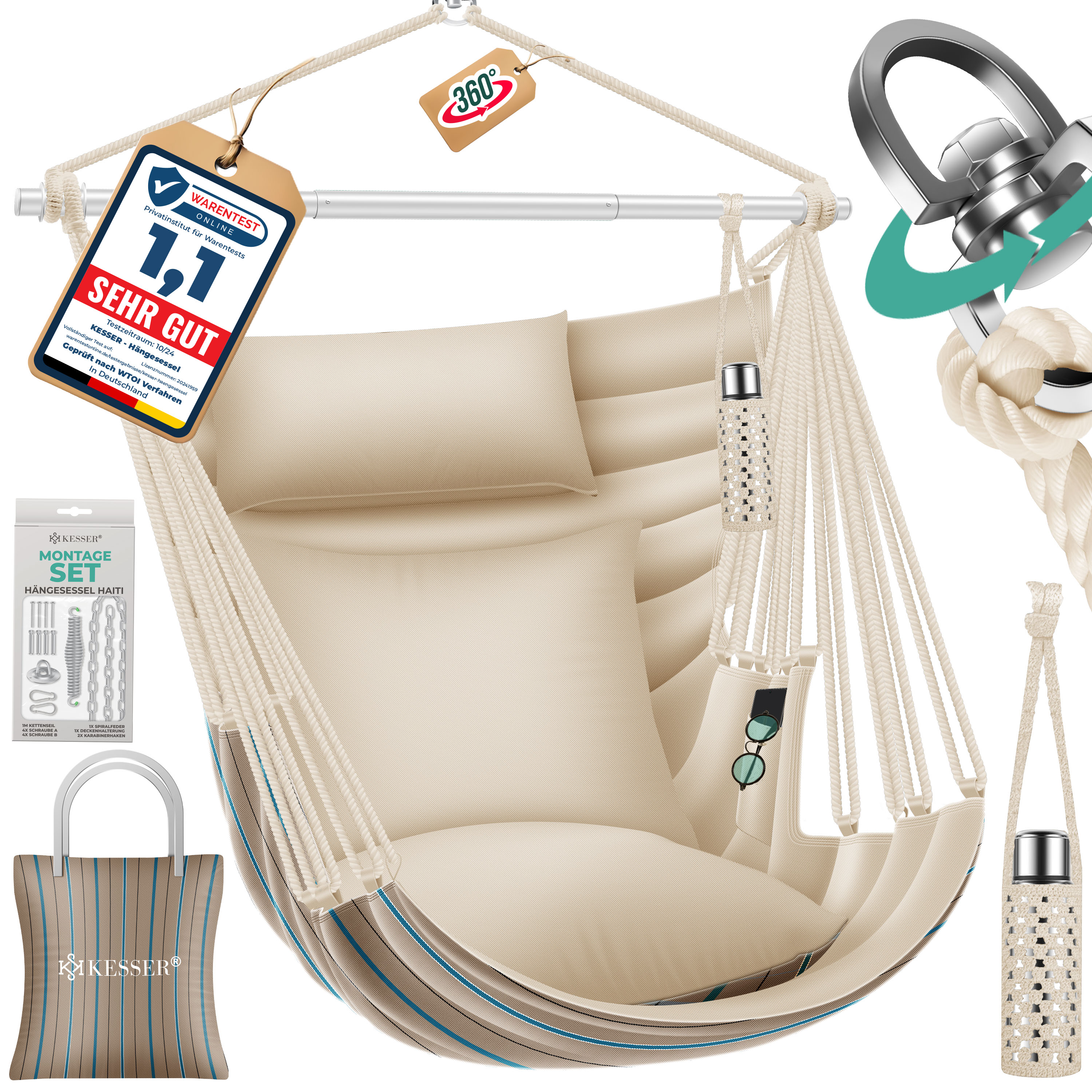 KESSER&reg; H&auml;ngesessel Haiti 150kg Traglast, H&auml;ngestuhl 360&deg; Drehung, H&auml;ngeschaukel Indoor-Outdoor UV-best&auml;ndig & Wasserfest, Pflegeleicht, Inkl. 2 Kissen, Tragetasche, Flaschenhalter & Montage-Set - Bild 1