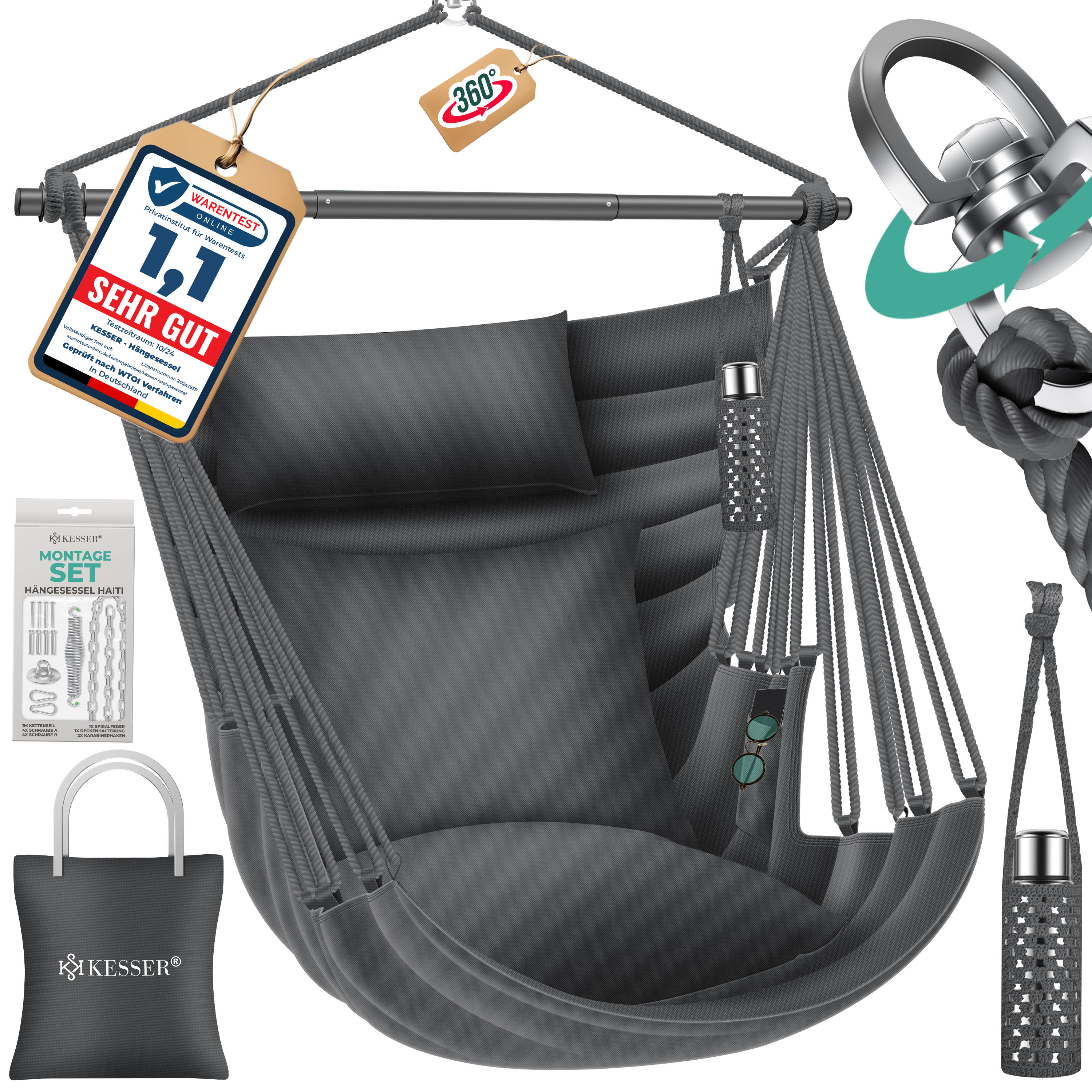 KESSER&reg; H&auml;ngesessel Haiti 150kg Traglast, H&auml;ngestuhl 360&deg; Drehung, H&auml;ngeschaukel Indoor-Outdoor UV-best&auml;ndig & Wasserfest, Pflegeleicht, Inkl. 2 Kissen, Tragetasche, Flaschenhalter & Montage-Set - Bild 1