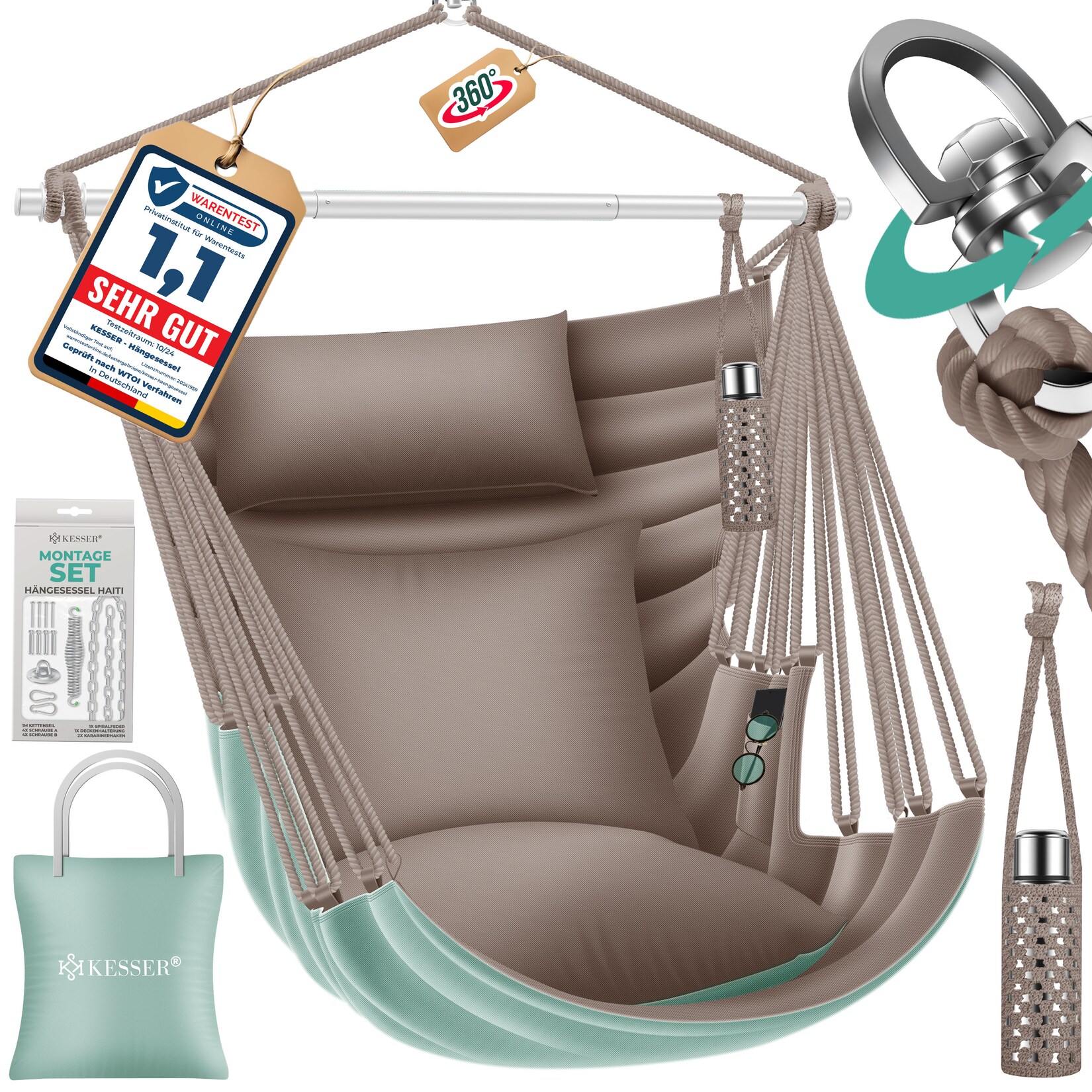 KESSER® Hängesessel Haiti 150kg Traglast, Hängestuhl 360° Drehung, Hängeschaukel Indoor-Outdoor UV-beständig & Wasserfest, Pflegeleicht, Inkl. 2 Kissen, Tragetasche, Flaschenhalter & Montage-Set