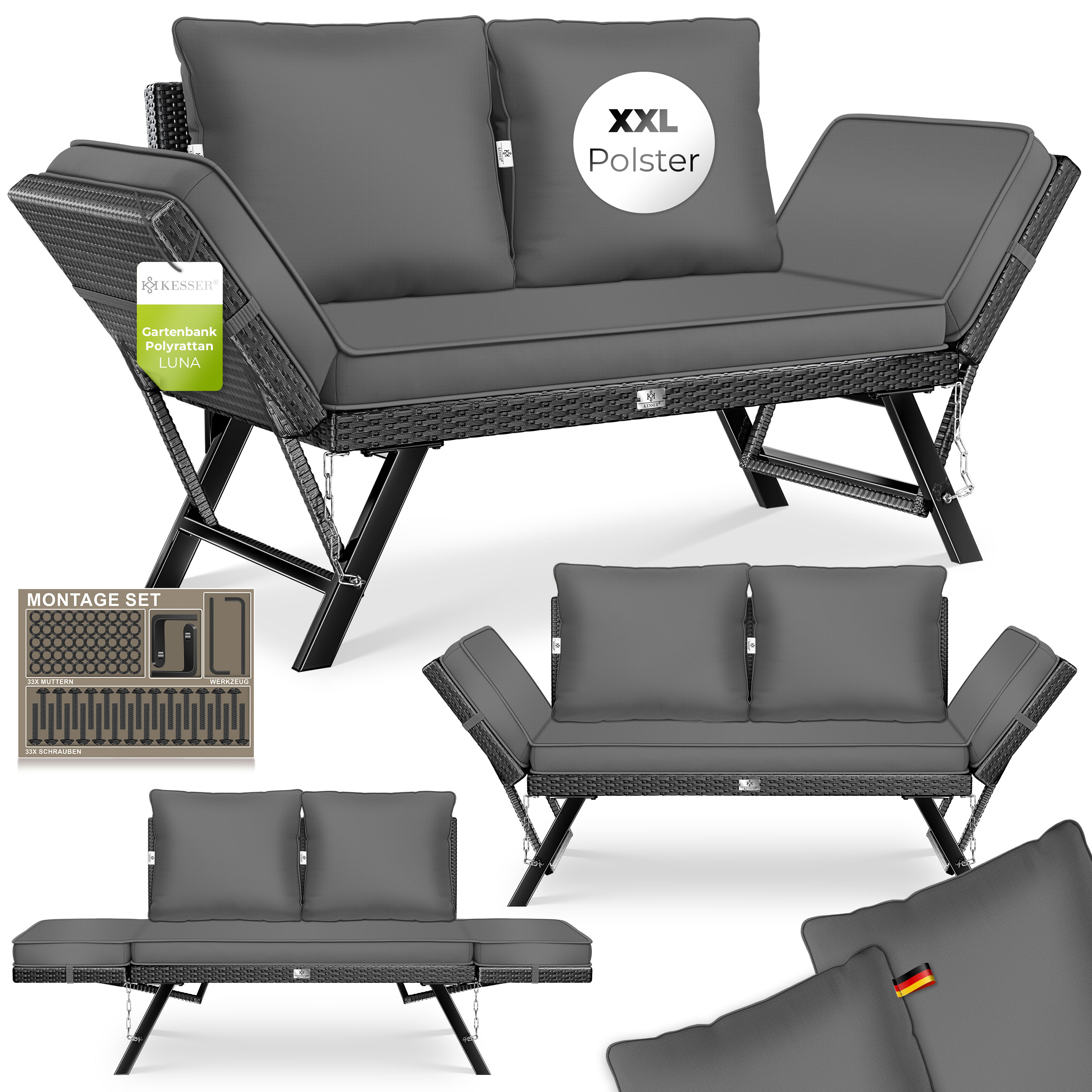KESSER&reg; Gartenbank Polyrattan Luna mit Liegefunktion Gartensofa 4-in-1 Verstellfunktion Gartencouch Wetterfest, Balkonsofa Verstellbare Armlehnen, Extra Dicke & Weiche Polster, Garten/Balkon/Terrasse - Bild 1