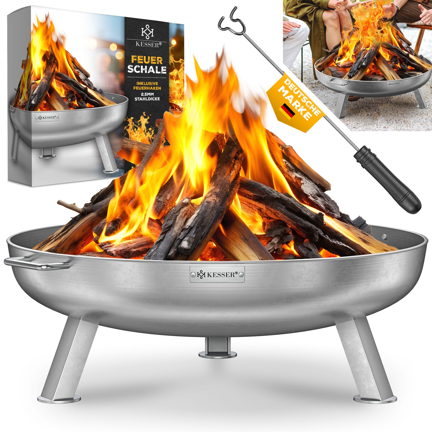 KESSER® Feuerschale mit 2,5 mm Stahldicke Feuerkorb aus Edelstahl / Stahl inklusive 42cm Feuerhaken aus Gusseisen, Wasserablauf & 2 stabile Griffe für Holz & Kohle Feuerstelle für Garten & Terrasse