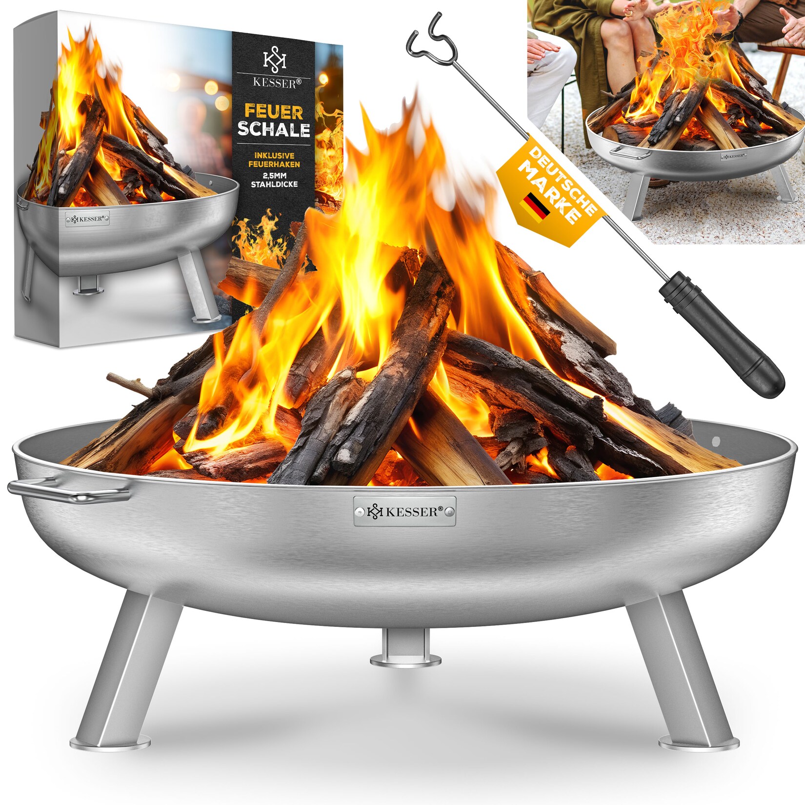 KESSER® Feuerschale mit 2,5 mm Stahldicke Feuerkorb aus Edelstahl / Stahl inklusive 42cm Feuerhaken aus Gusseisen, Wasserablauf & 2 stabile Griffe für Holz & Kohle Feuerstelle für Garten & Terrasse