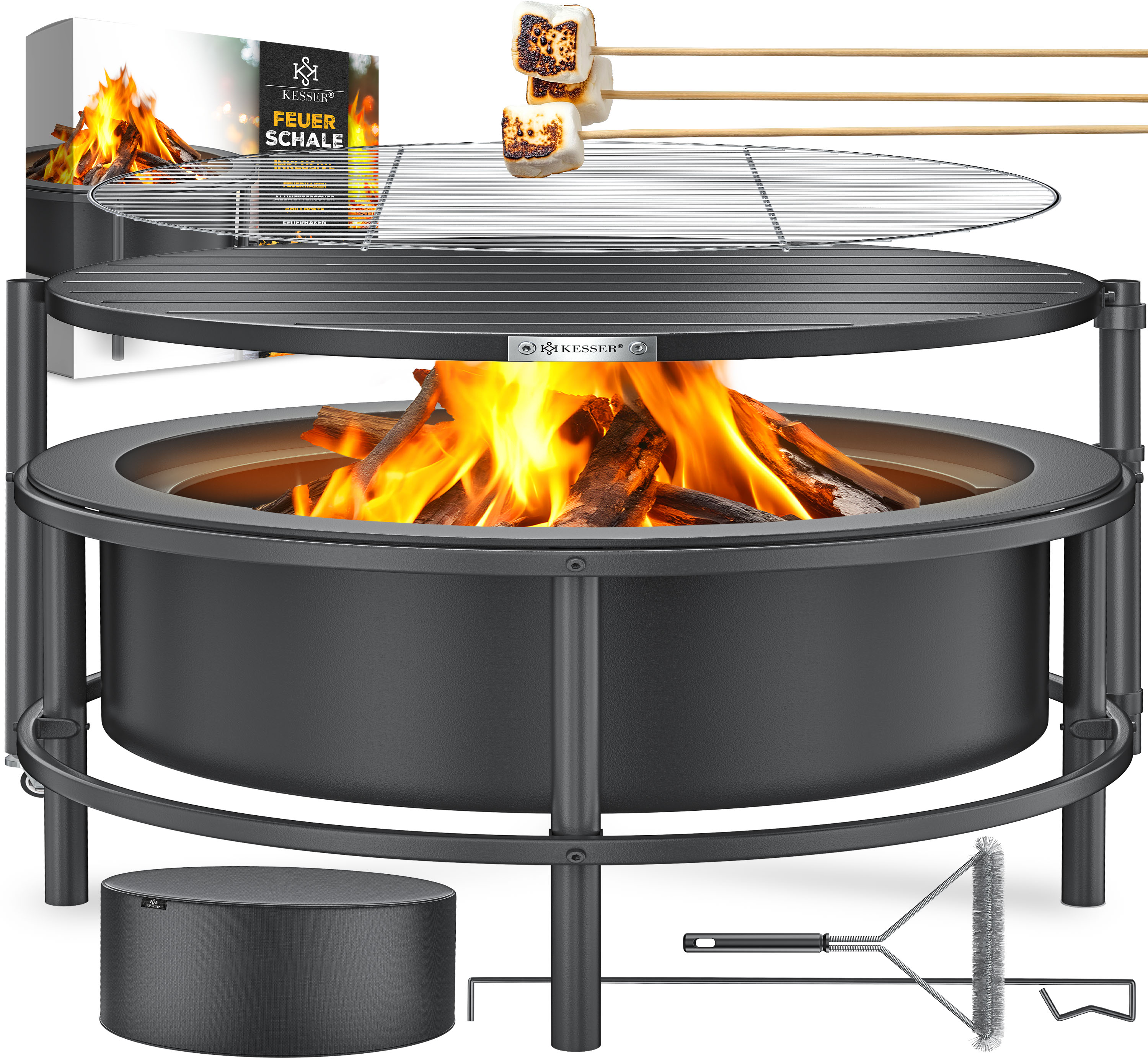 KESSER&reg; Feuerschale mit Grillrost &Oslash;65cm Feuerkorb 0,6mm Kaltveredelter Stahl | mobile Feuertonne mit Reifen | Holz & Kohle Feuerstelle inkl. 60cm Feuerhaken aus Gusseisen, &Oslash;52cm, B&uuml;rste & Cover - Bild 1