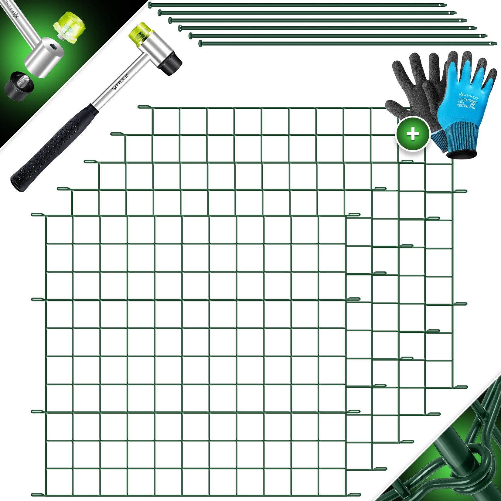 KESSER® Teichzaun Gartenzaun Steckzaun Komplettset Metall Zaunelemente Inkl. Hammer + Befestigungsstäben, Zaun zum stecken für Garten, Oberbogen Rund Gitterzaun Set Freigehege für Hunde