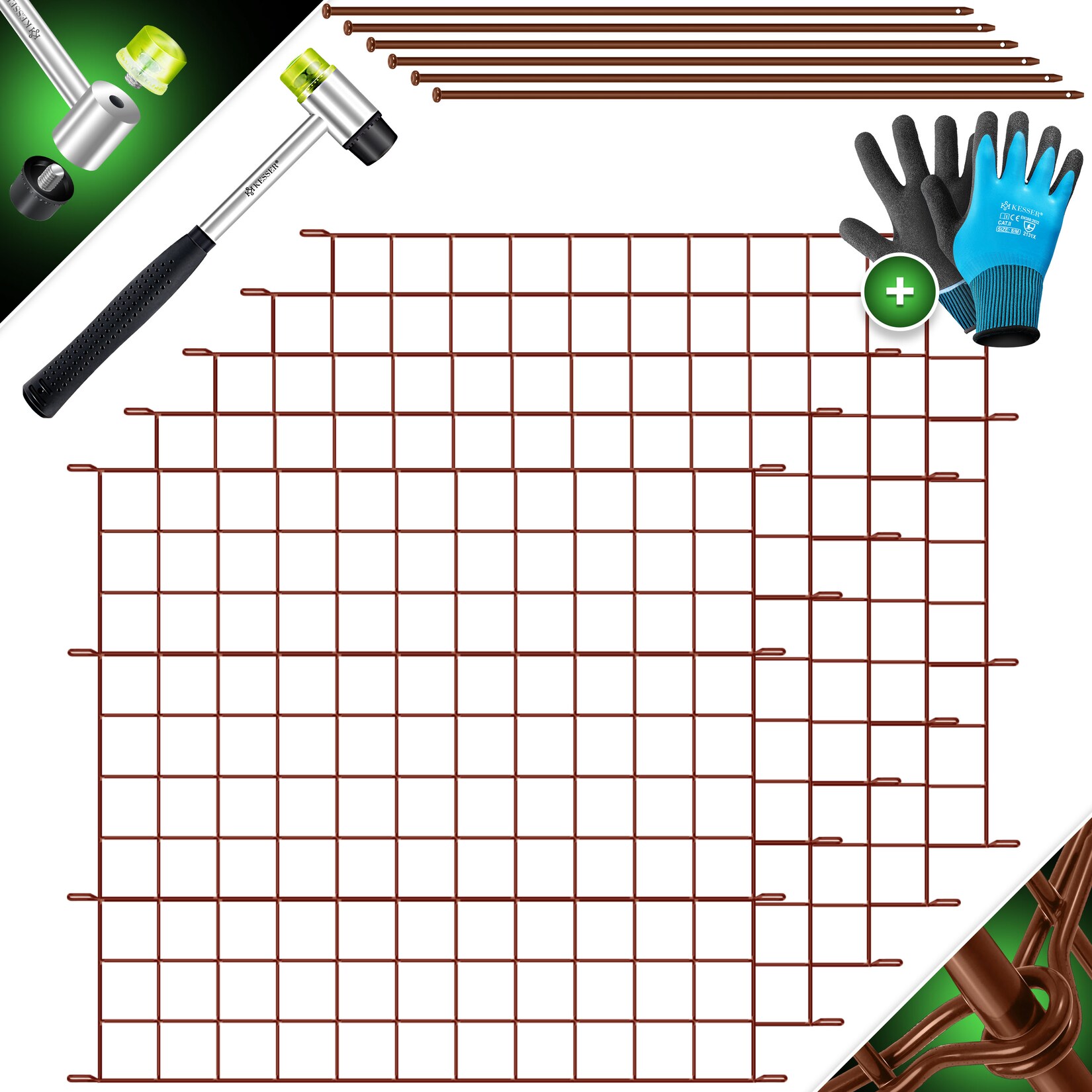 KESSER® Teichzaun Gartenzaun Steckzaun Komplettset Metall Zaunelemente Inkl. Hammer + Befestigungsstäben, Zaun zum stecken für Garten, Oberbogen Rund Gitterzaun Set Freigehege für Hunde
