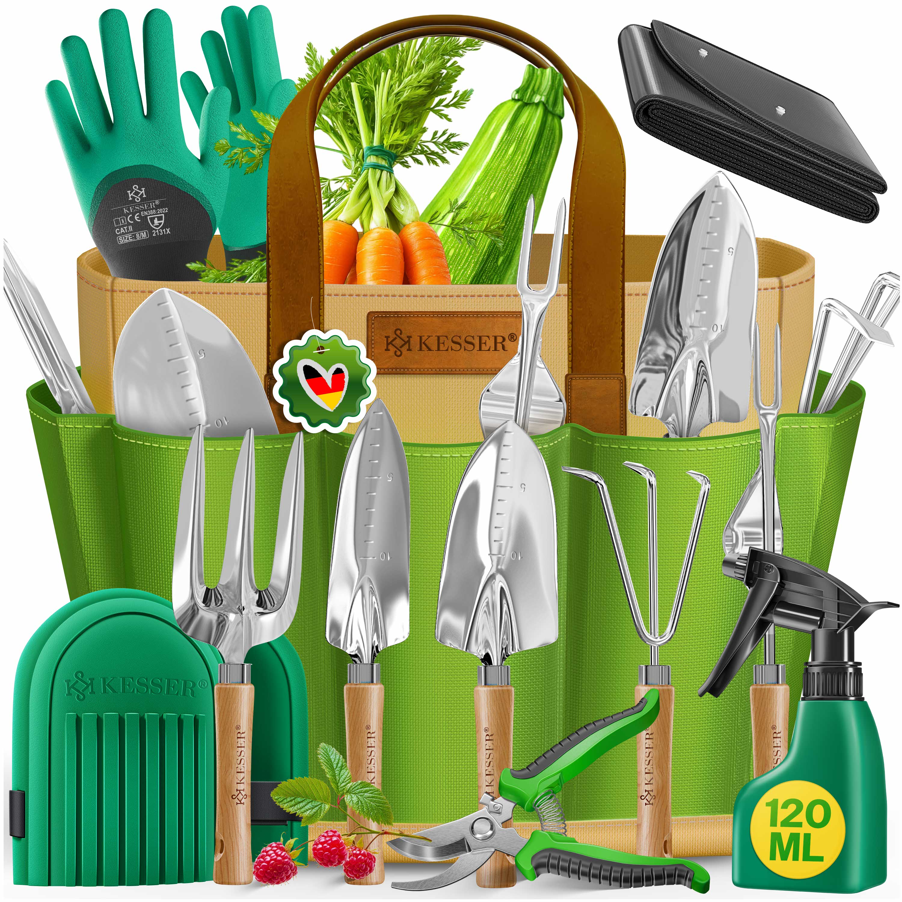 KESSER&reg; Gartenwerkzeug Set 10-teilig mit ergonomischen Holzgriffen inkl. wasserdichte Tasche aus 600D Oxford-Material, Knieschoner, Pflanzmatte, Spr&uuml;hflasche, Gartenschere, Handschuhe f&uuml;r Gartenarbeit - Bild 1