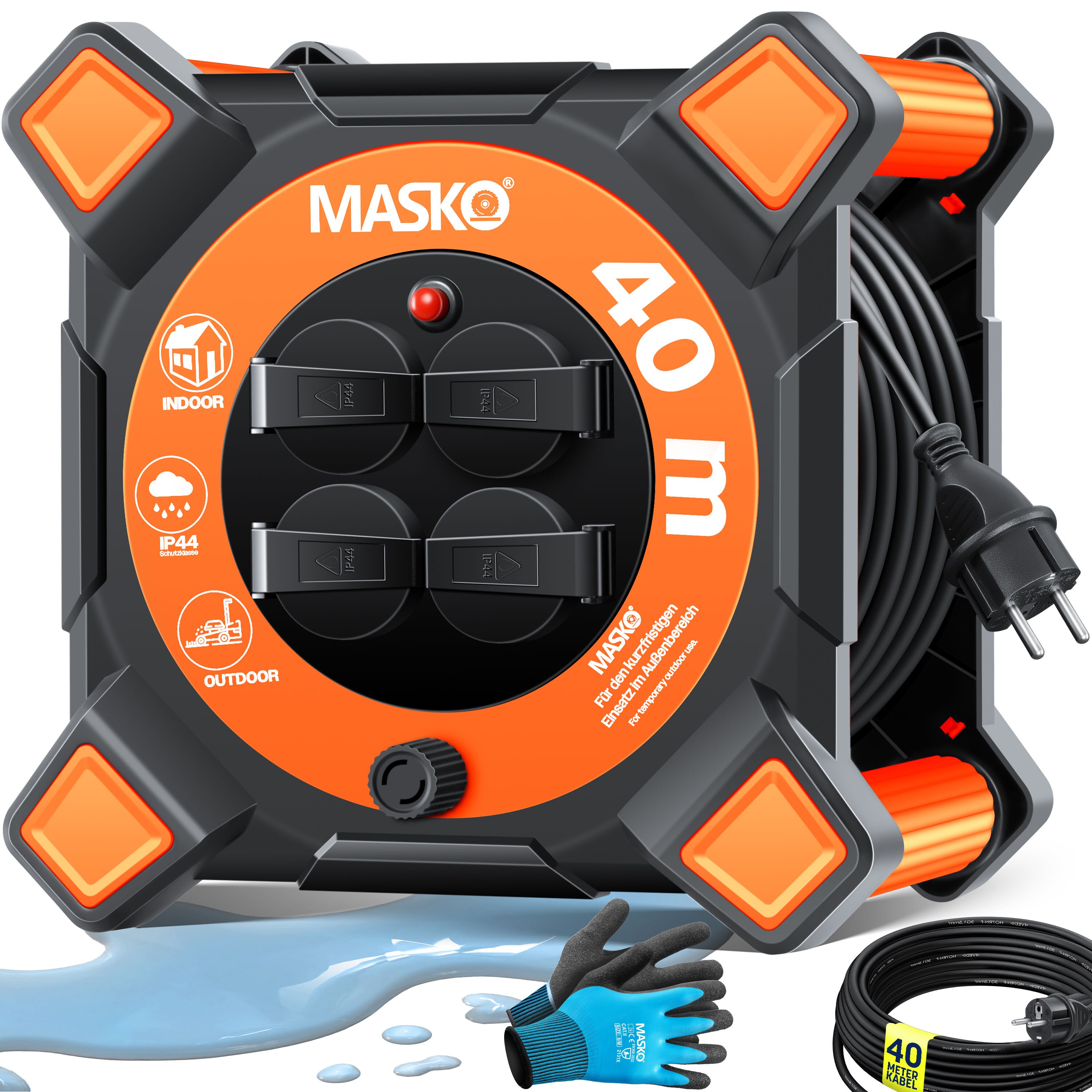 MASKO&reg; Kabeltrommel Verl&auml;ngerungskabel mit Schutzkontaktsteckdosen & Wickelgriff | Outdoor Kabelaufroller Thermoschutz | Ger&auml;tetrommel IP44 1000W ~ 3000W | inkl. Tragegriff und Montagehandschuhe - Bild 1