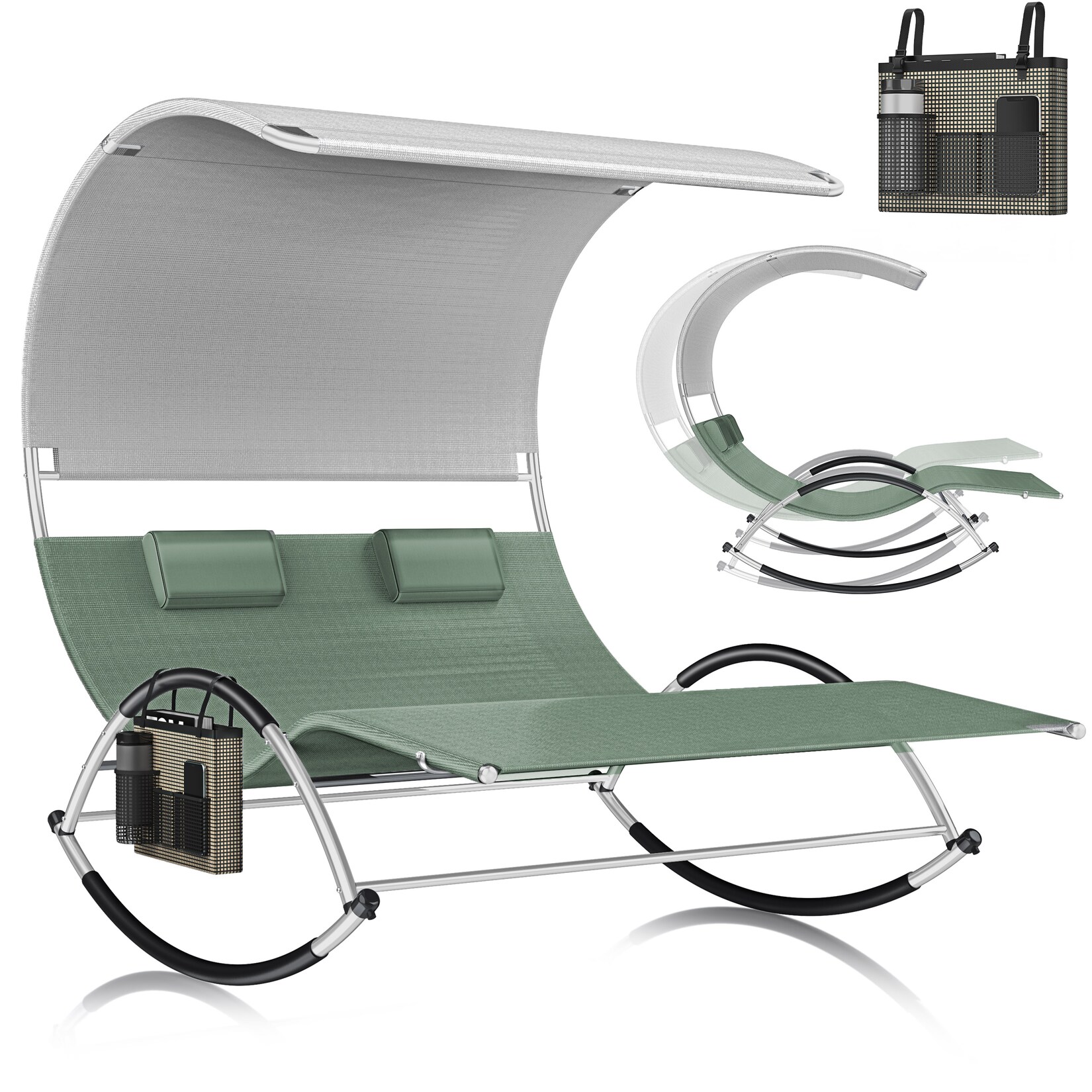 ® Doppel-Sonnenliege Doppelliege   mit Sonnendach , Kopfkissen Tasche   für 2 Personen   Relaxliege   Gartenliege   Schaukelliege ergonomisch geformte Liegefläche    Belastung