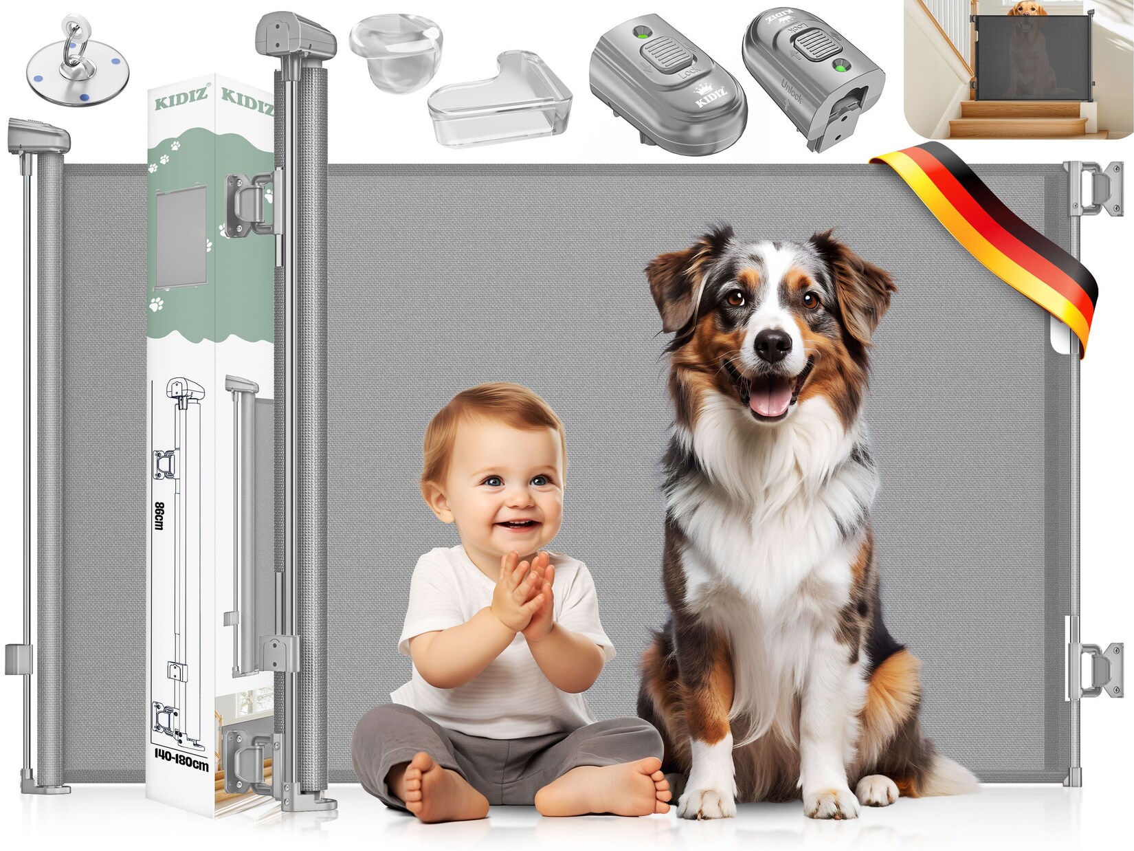 KIDIZ® Treppenschutzgitter Türschutzgitter ausziehbar bis 140/180cm kindersicheres Treppengitter für Babys & Haustiere Schutzgitter Treppen & Türen Absperrgitter inkl. Bodenanker & Montagezubehör