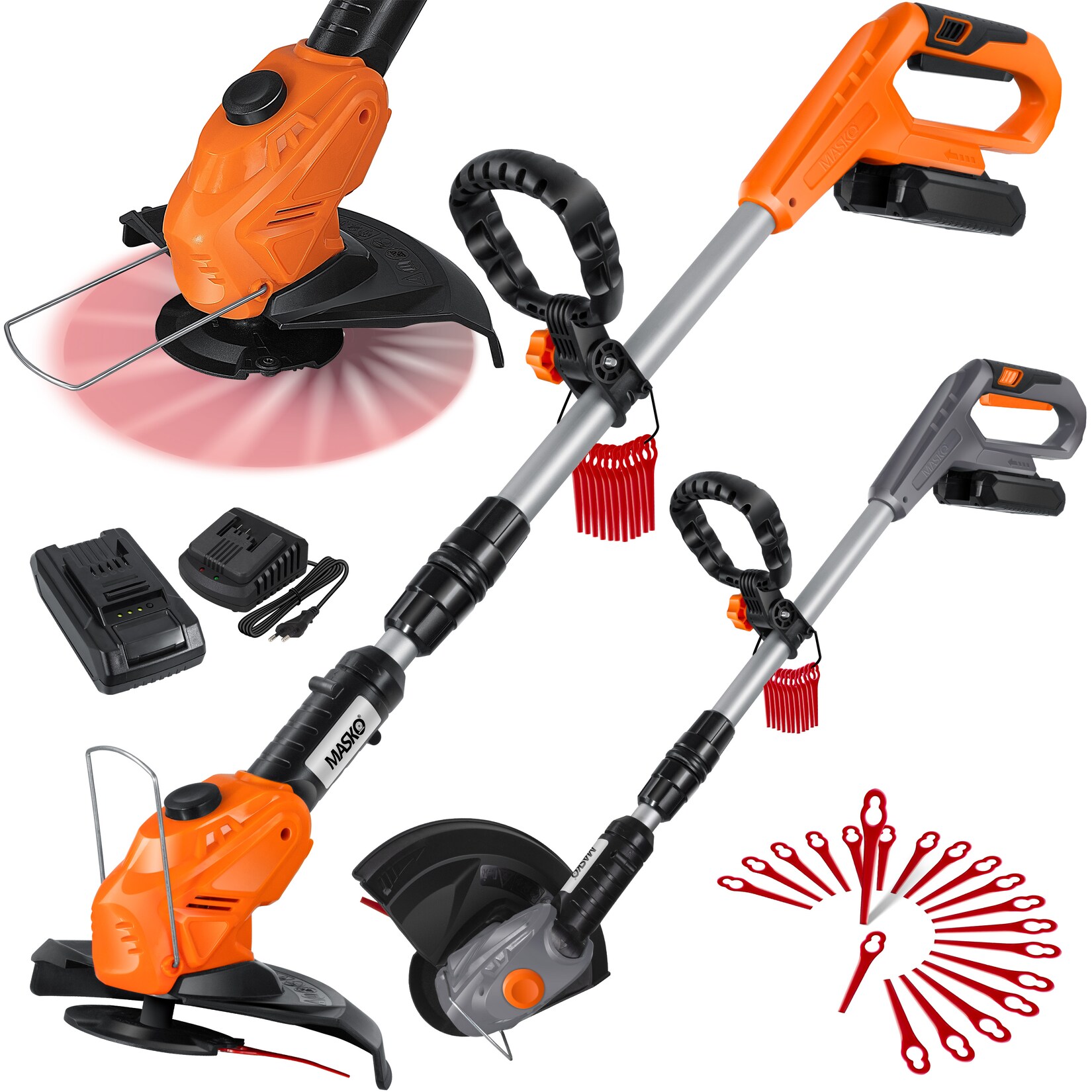 MASKO® Akku-Rasentrimmer mit 20 V Li-Akku, 2,0 Ah Akku und Ladegerät, Motorsense 26 cm Schnittkreis, 180° Trimmwinkel, Teleskop-Stiel & Zusatzhandgriff, inkl. 20 Messer Kunststoffklinge | 04255598354264