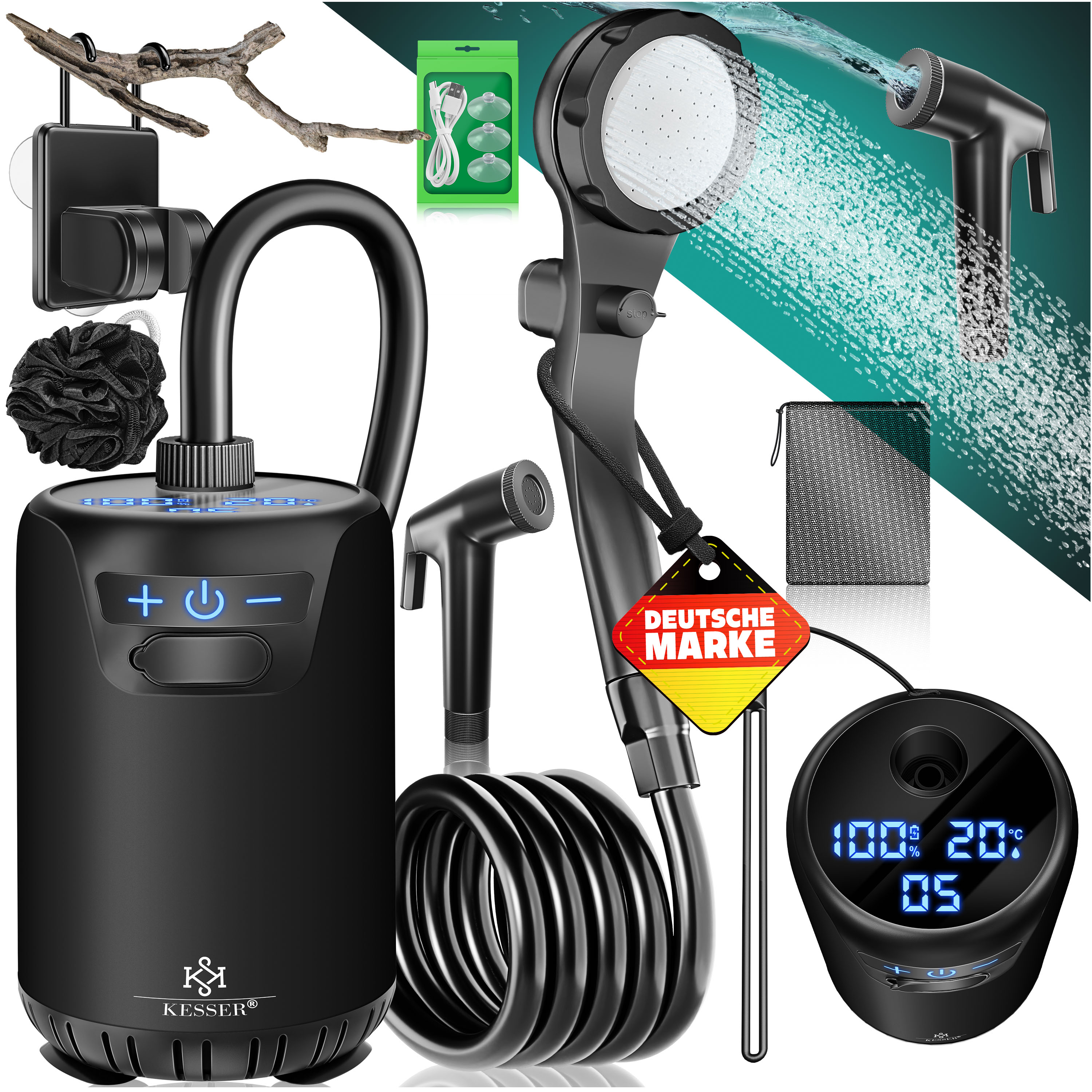 KESSER&reg; Campingdusche Solardusche mit Pumpe & wiederaufladbarem Akku 8000mAh Mobile Dusche | Camping Dusche Set inkl. einstellbarem Duschkopf, 2m Schlauch, Spr&uuml;hpistole & Halterung - Bild 1
