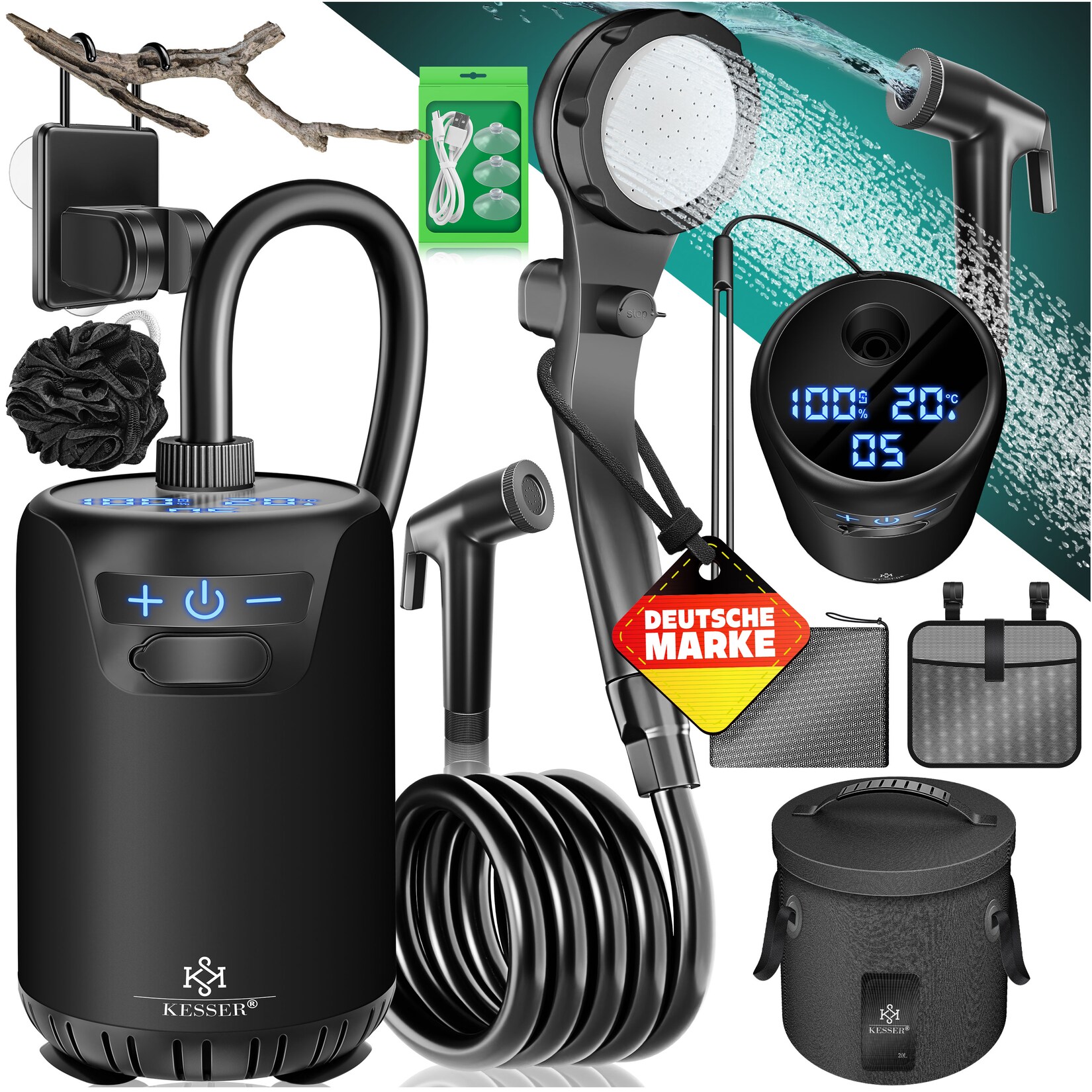 KESSER® Campingdusche Solardusche mit Pumpe & wiederaufladbarem Akku 8000mAh Mobile Dusche Camping Dusche Set inkl. einstellbarem Duschkopf, 2m Schlauch, Sprühpistole & Halterung