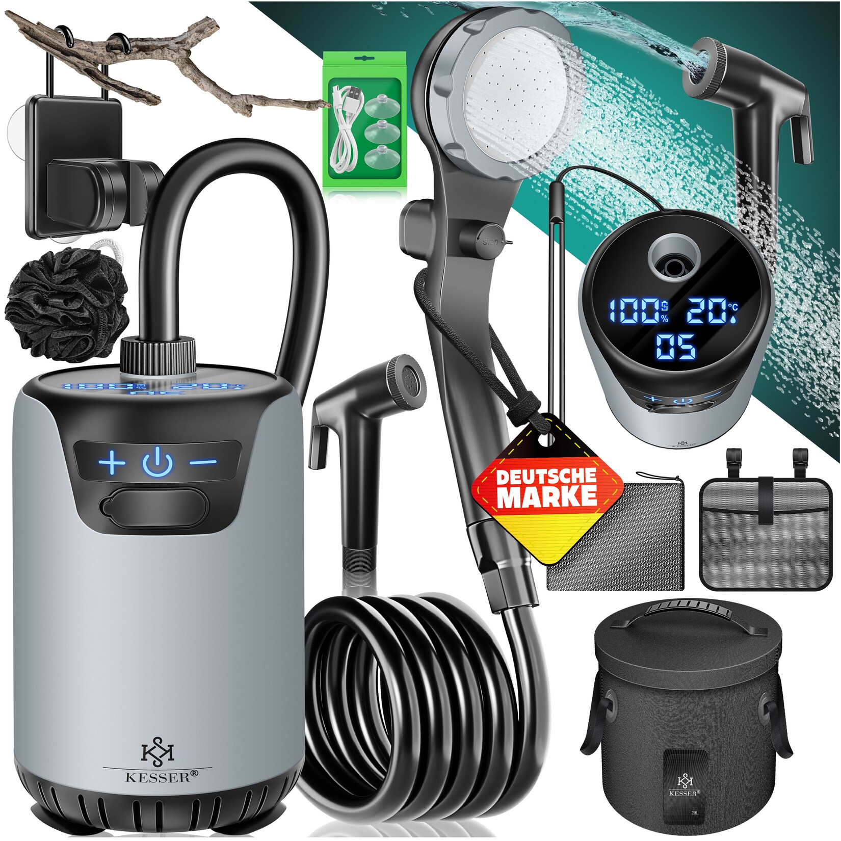 KESSER® Campingdusche Solardusche mit Pumpe & wiederaufladbarem Akku 8000mAh Mobile Dusche Camping Dusche Set inkl. einstellbarem Duschkopf, 2m Schlauch, Sprühpistole & Halterung