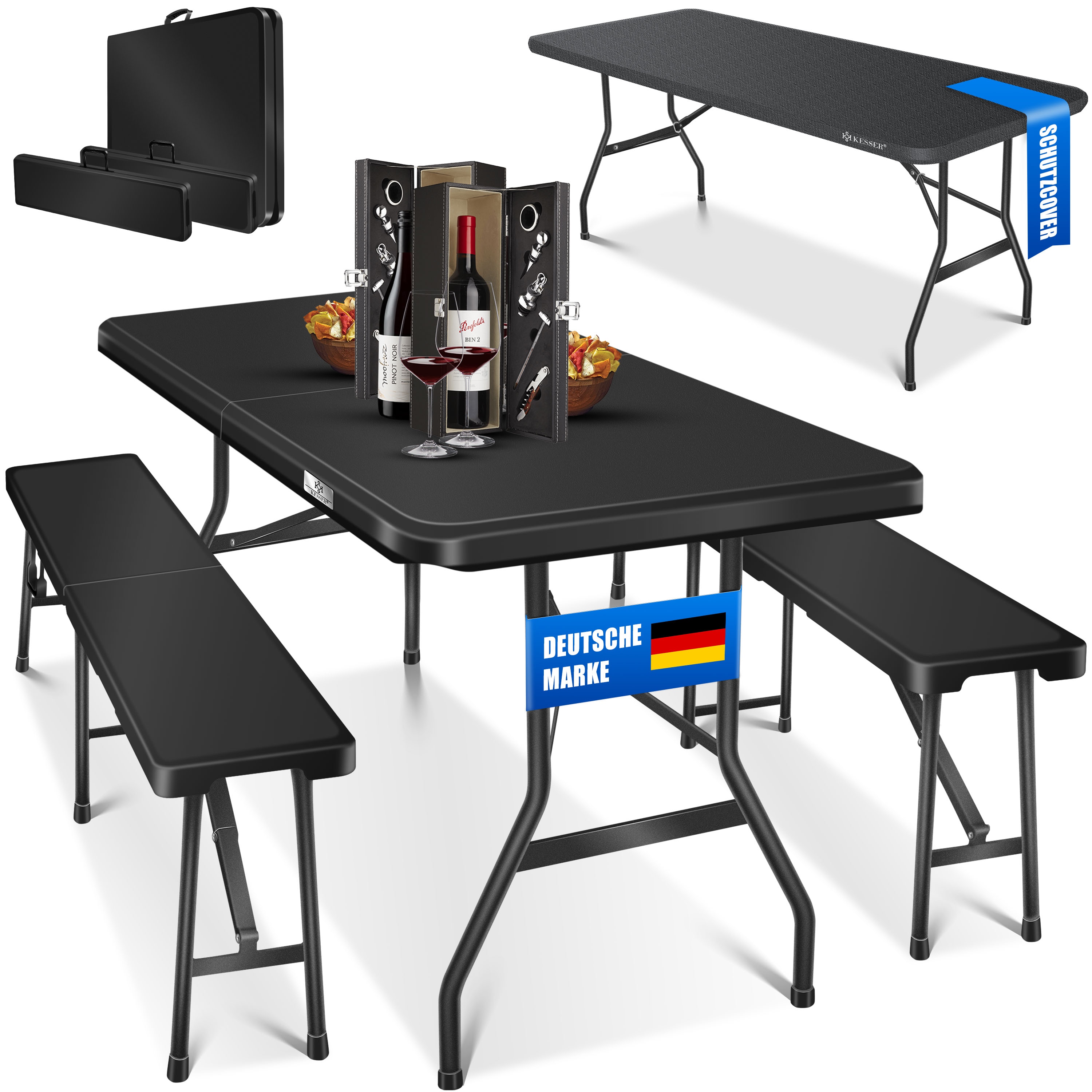 KESSER&reg; Bierzeltgarnitur 3-teilig Set Tisch & 2x Bank | Buffettisch f&uuml;r drinnen & drau&szlig;en Gartengarnitur klappbar 183x76x74cm Kunststoff Klapptisch Gartentisch inkl. Abdeckung & Tragegriffe - Bild 1