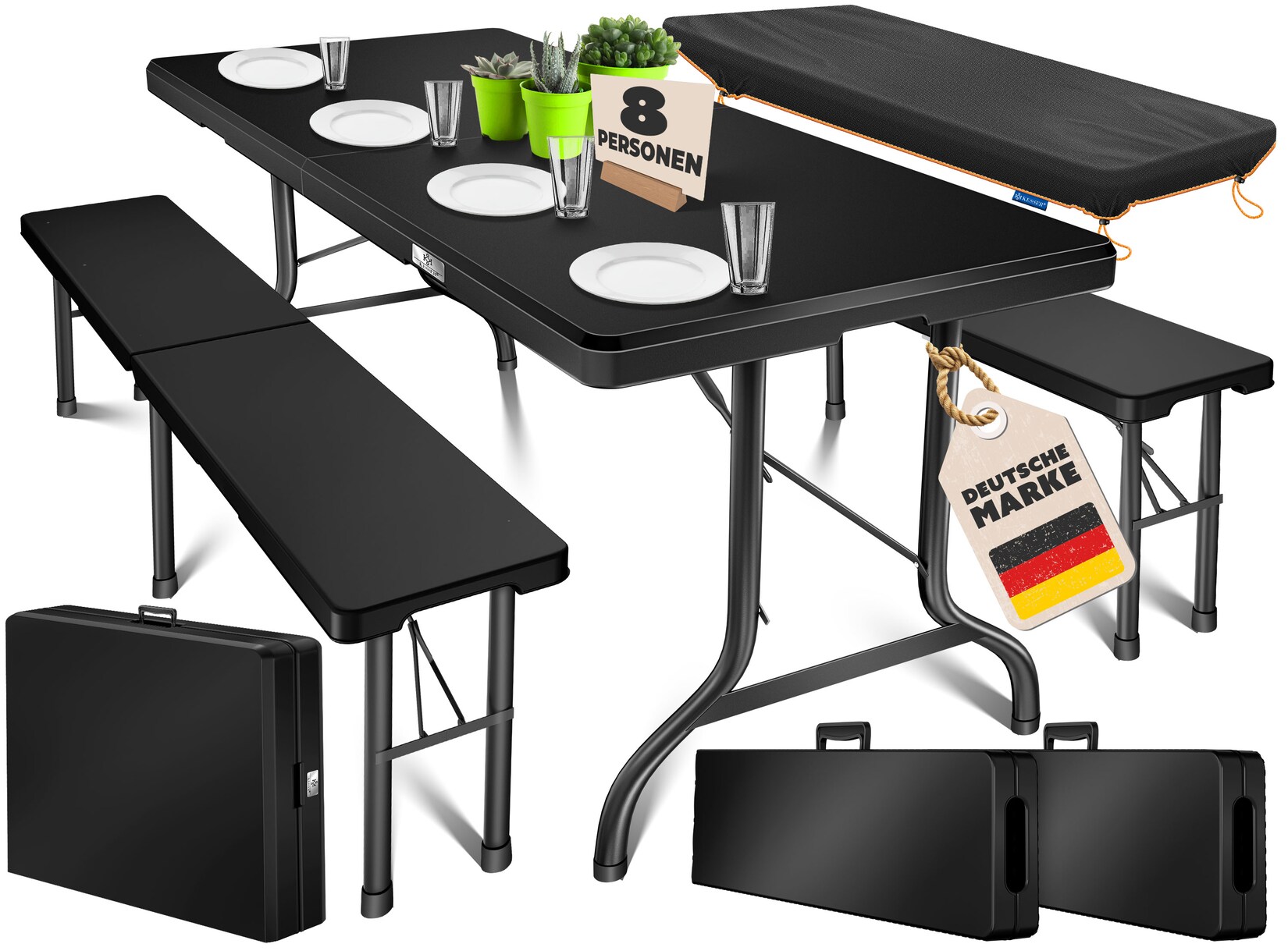 KESSER® Bierzeltgarnitur 3-teilig Set Tisch & 2x Bank Buffettisch für drinnen & draußen Gartengarnitur klappbar 183x76x74cm Kunststoff Klapptisch Gartentisch inkl. Abdeckung & Tragegriffe