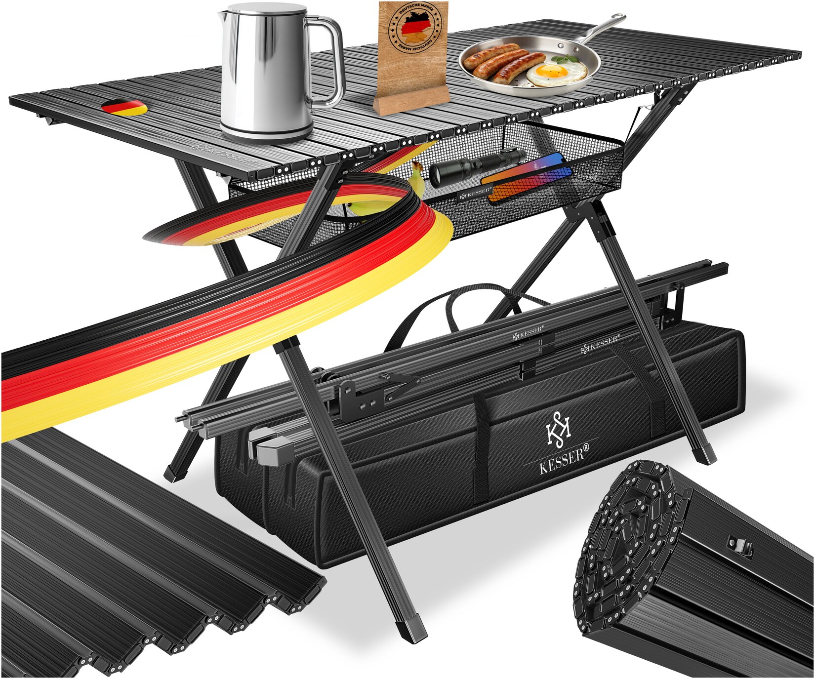 KESSER® Campingtisch faltbar Klapptisch mit Aluminiumrahmen Aufrollbare Tischplatte Falttisch klappbar 145x70x70cm bis 100kg inkl. Tragetasche mit Trageband & Netztasche