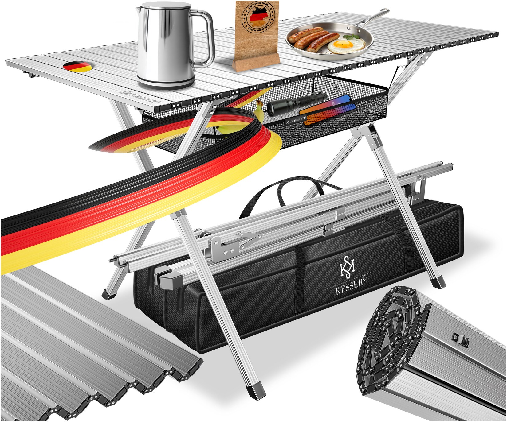 KESSER® Campingtisch faltbar Klapptisch mit Aluminiumrahmen Aufrollbare Tischplatte Falttisch klappbar 145x70x70cm bis 100kg inkl. Tragetasche mit Trageband & Netztasche