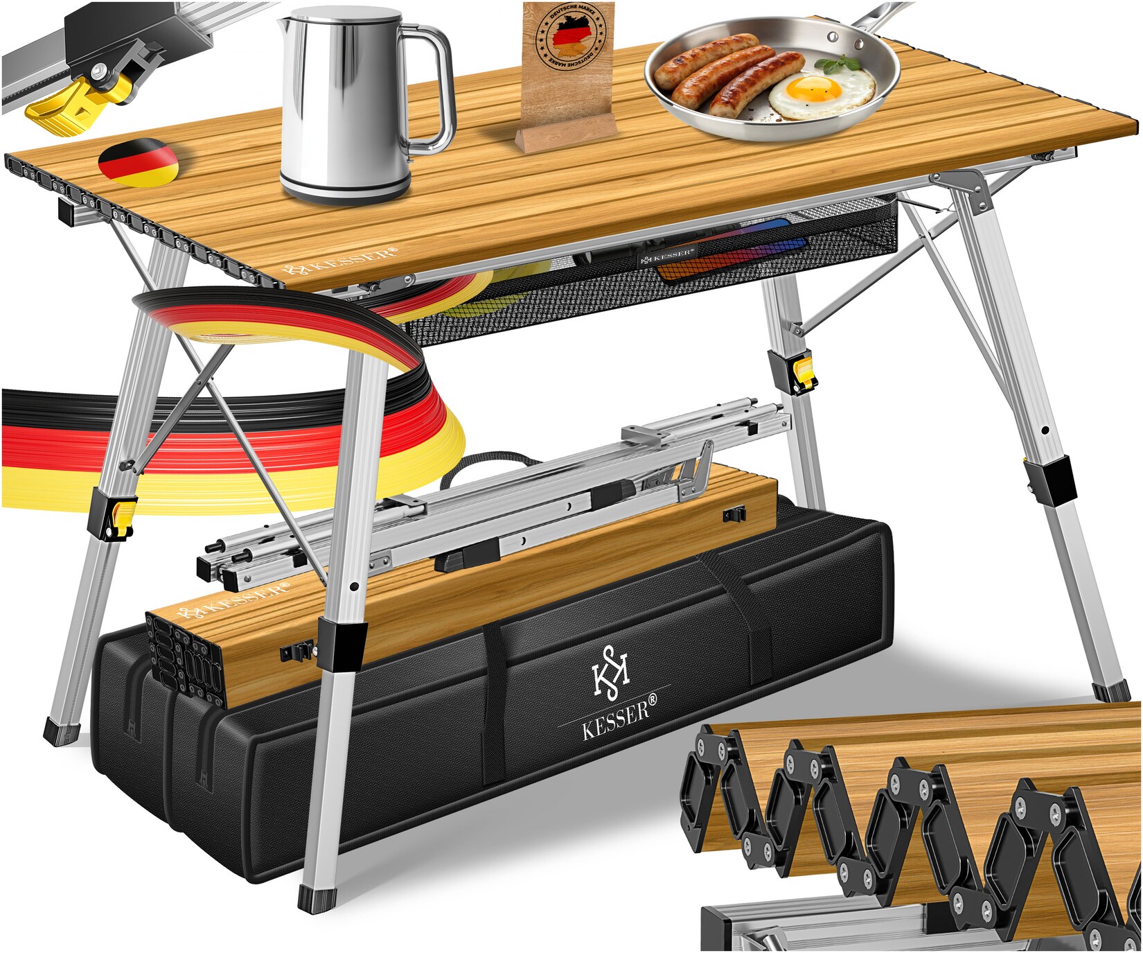 KESSER® Campingtisch faltbar Klapptisch mit Aluminiumrahmen Aufrollbare Tischplatte Falttisch klappbar inkl. Tragetasche mit Trageband & Netztasche, Holz-Optik